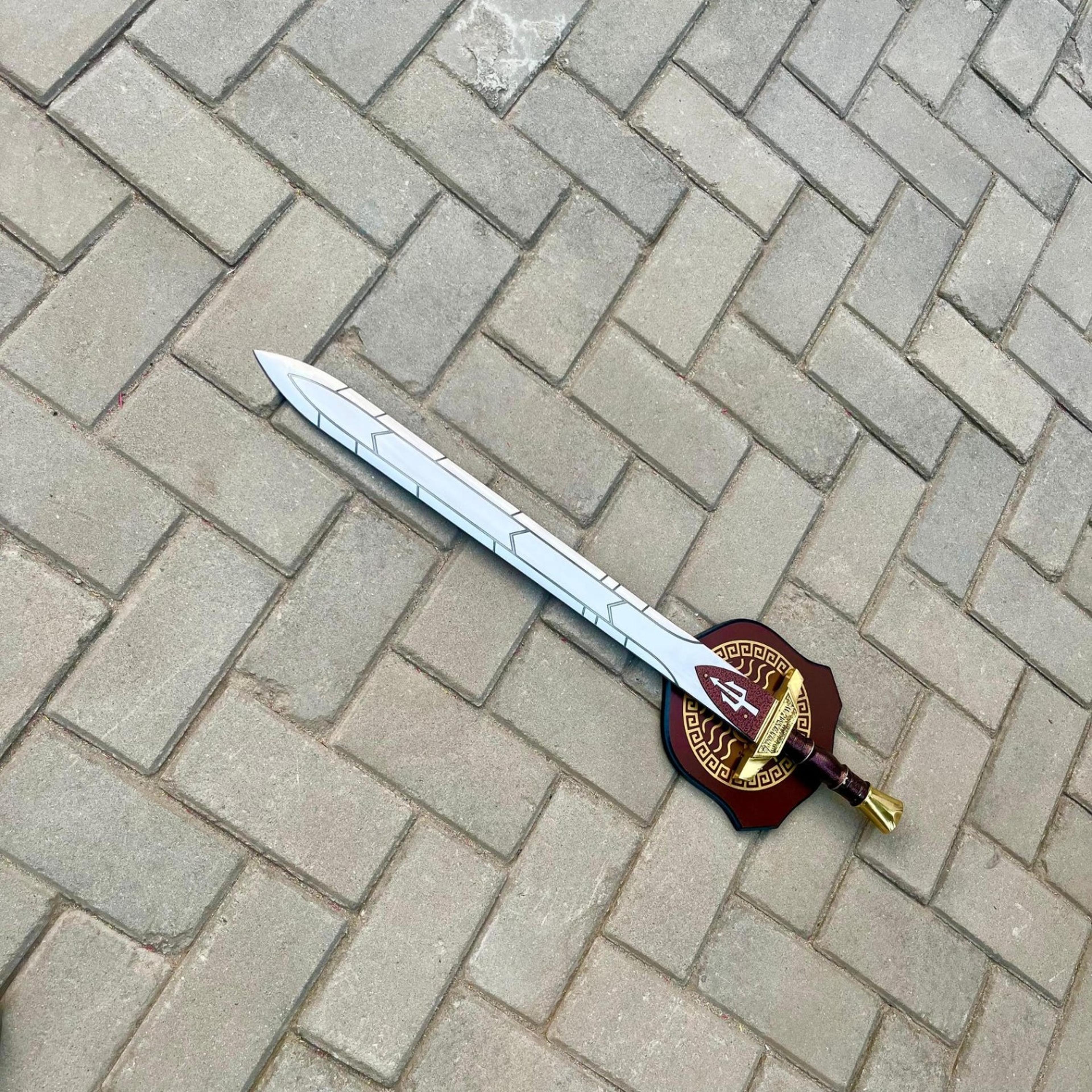 handmade riptide anaklusmos sword replica percy jackson stainless steel blade gold guard with poseidon plaque