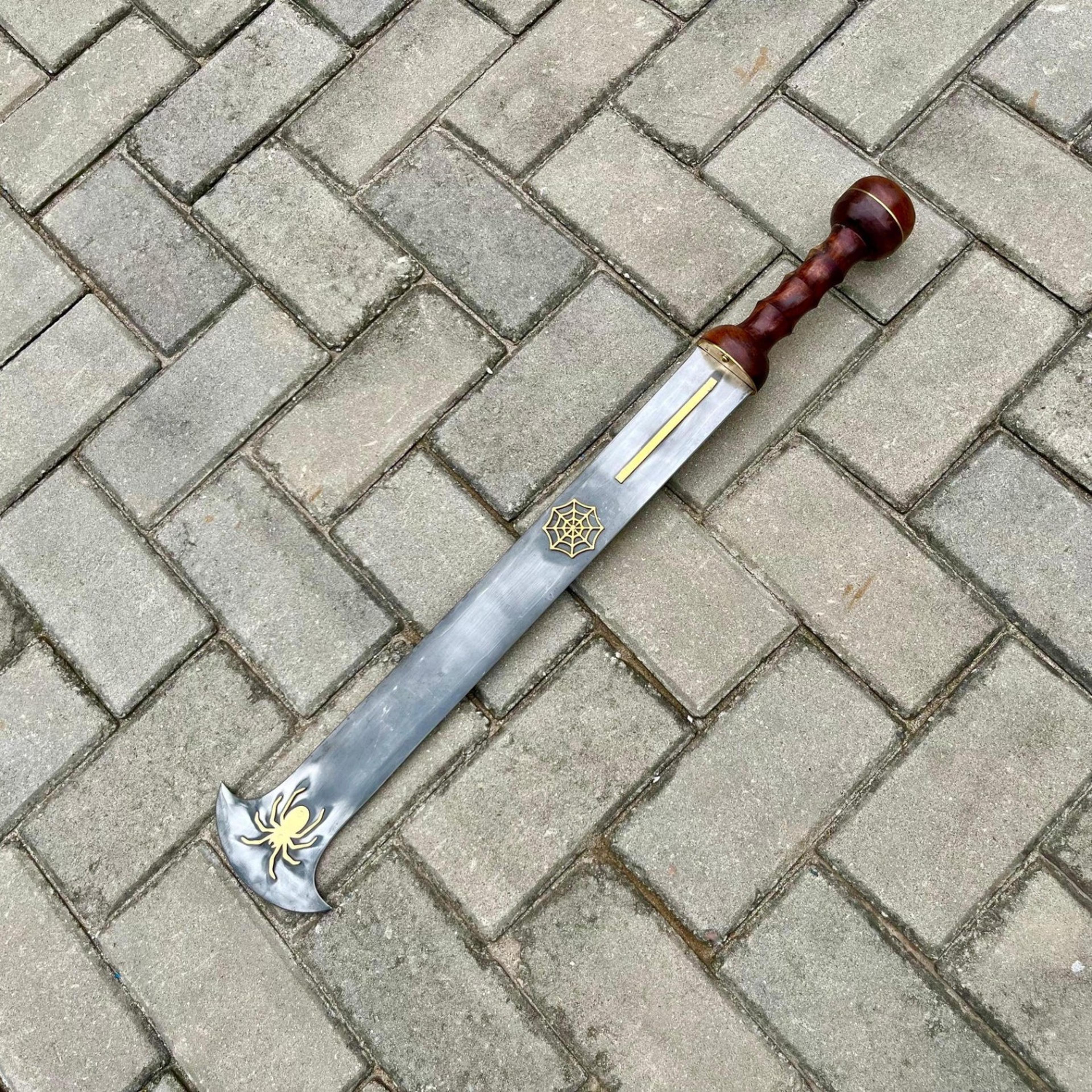 24in spider web fantasy machete replica stainless steel blade wood handle gold spider detail for display