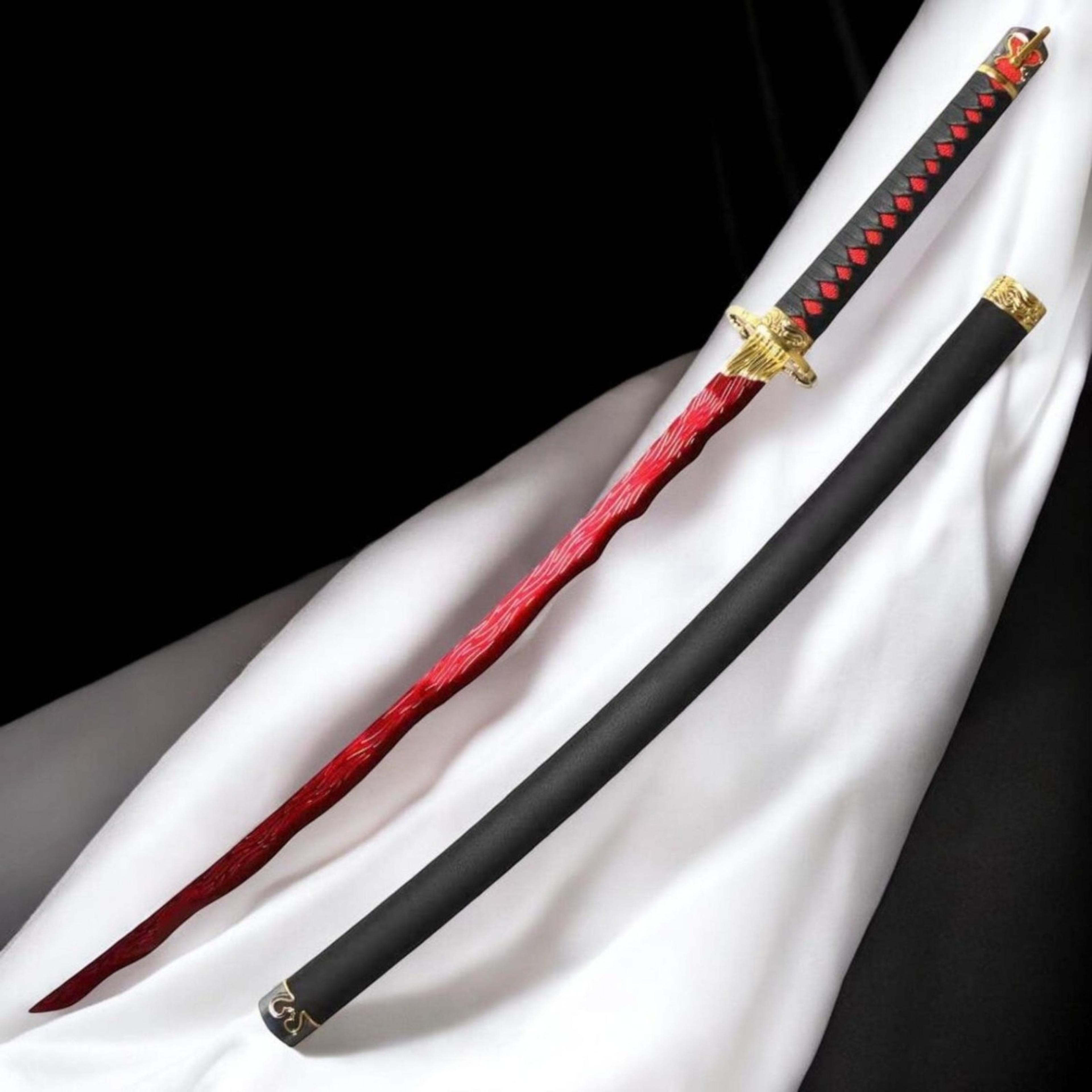 40in rivers of blood katana replica elden ring red wavy steel blade gold guard black scabbard for display