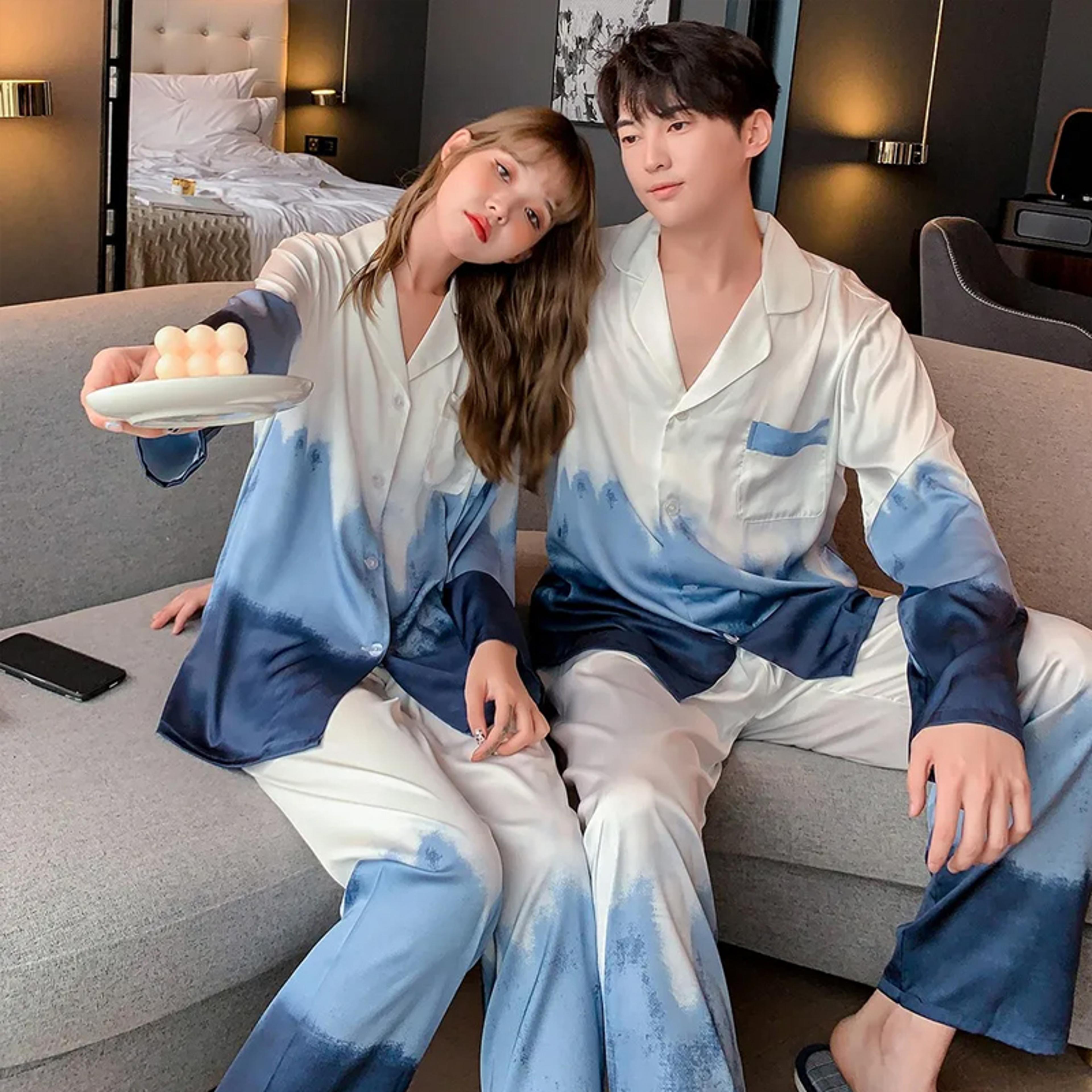 long sleeved satin pajamas set for couples ice silk sleepwear button shirt trousers suit