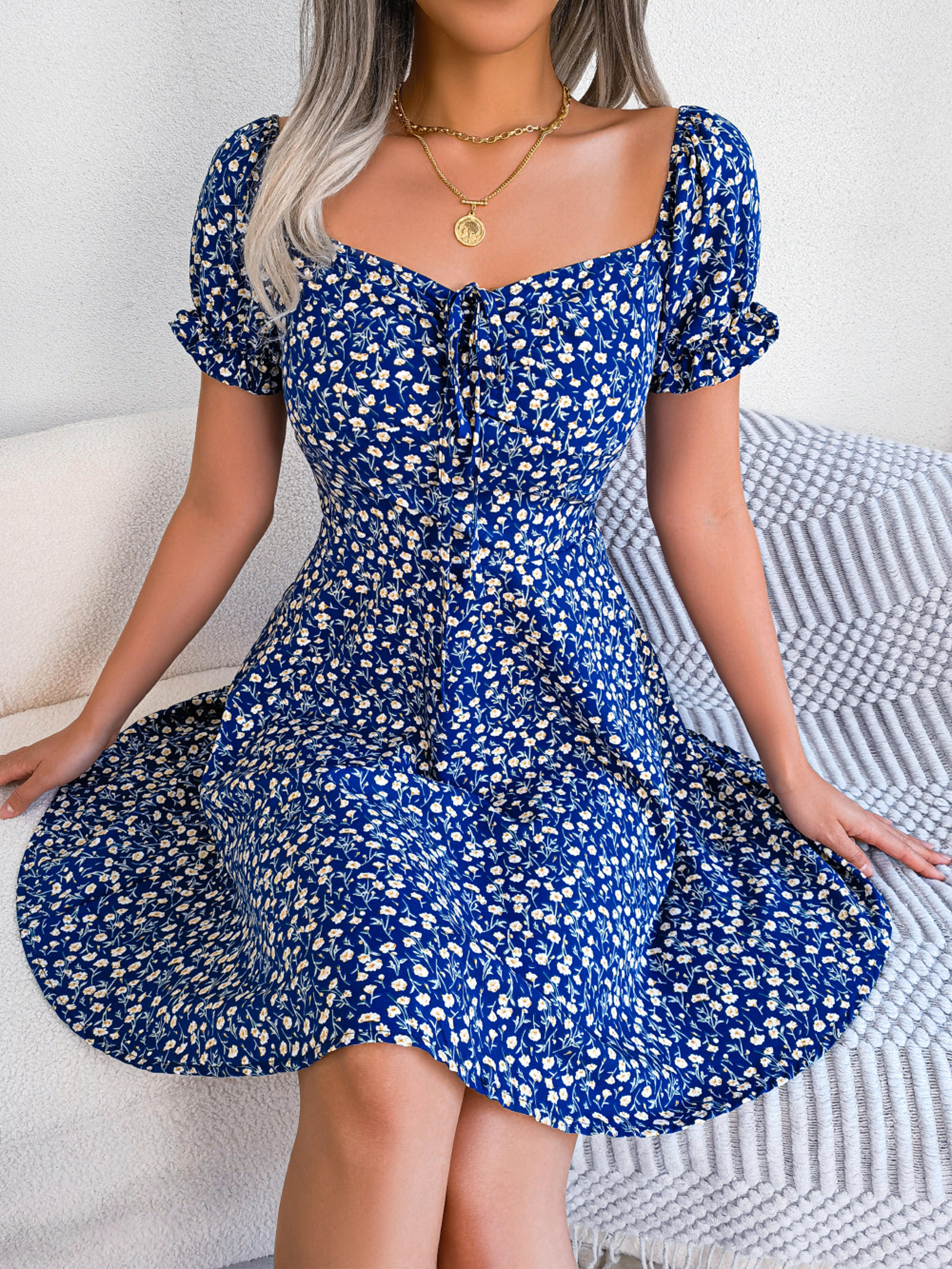 women casual flare sleeves drawstring lace up spring summer square collar floral ruffles mini dress, a line dress