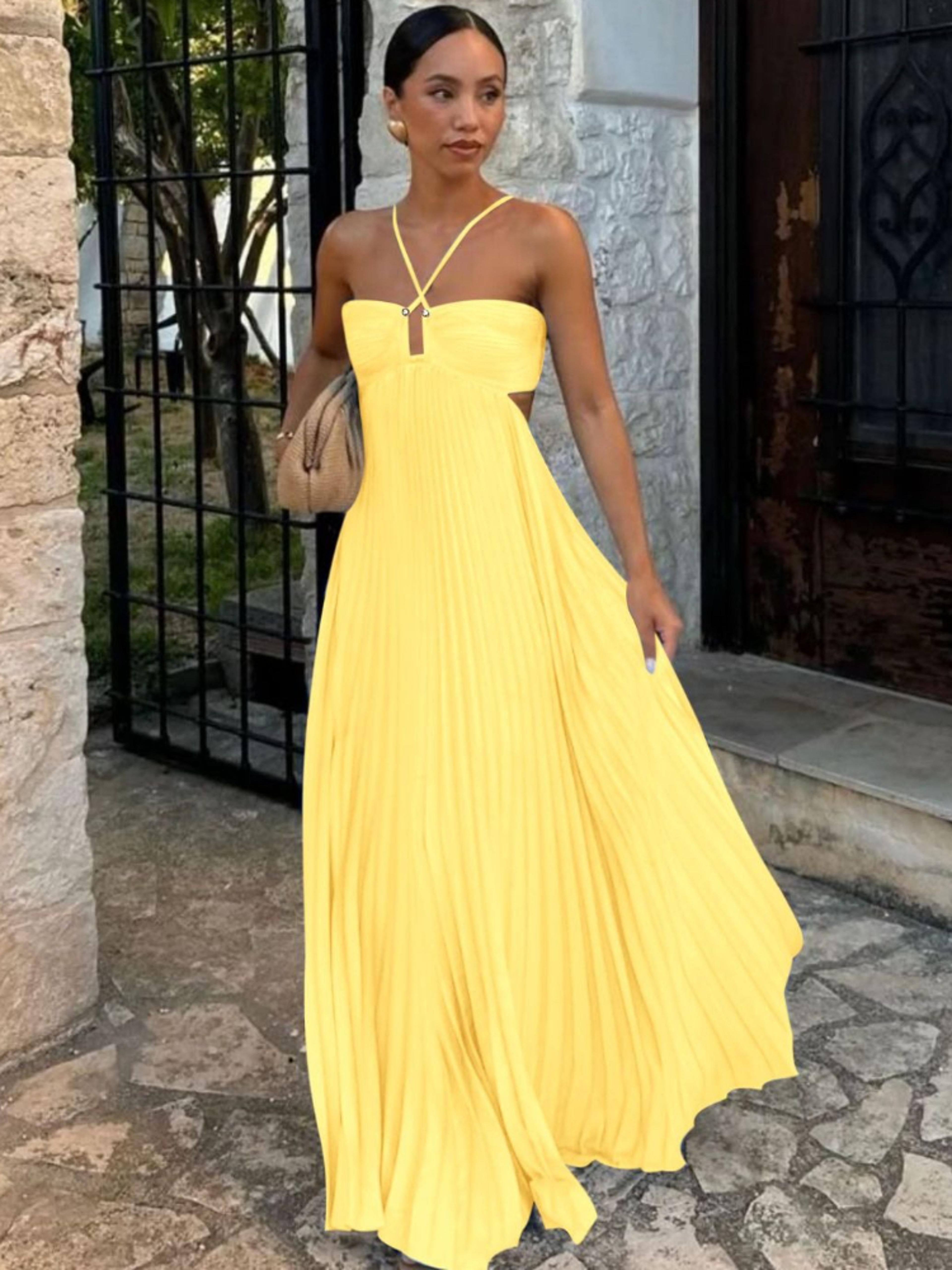 elegant backless pleated long dress, fashionable summer camisole beach vacation long dress