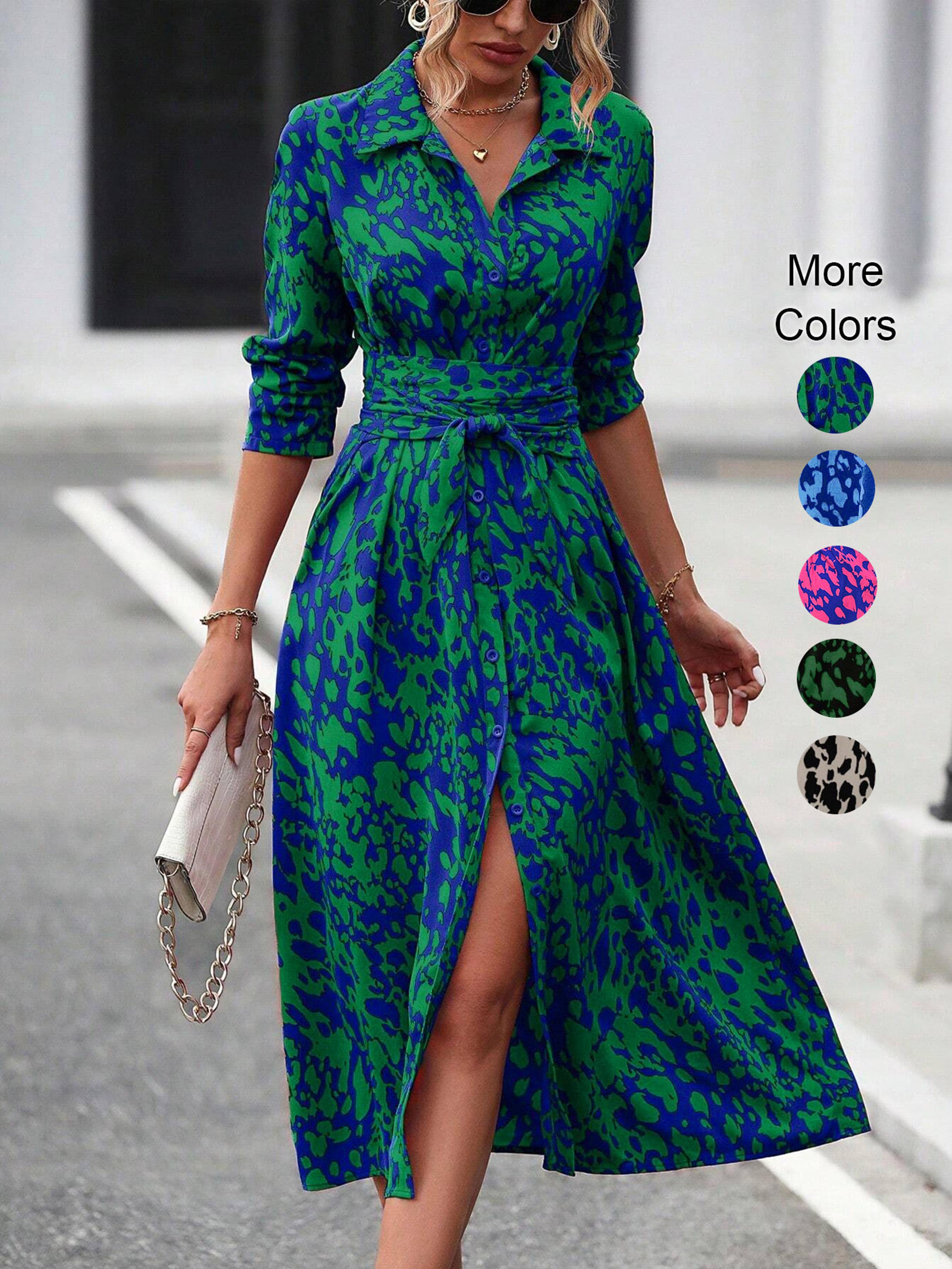 women's long sleeve belted waist midi dress, elegant random print button down shirt dress, spring fall office casual