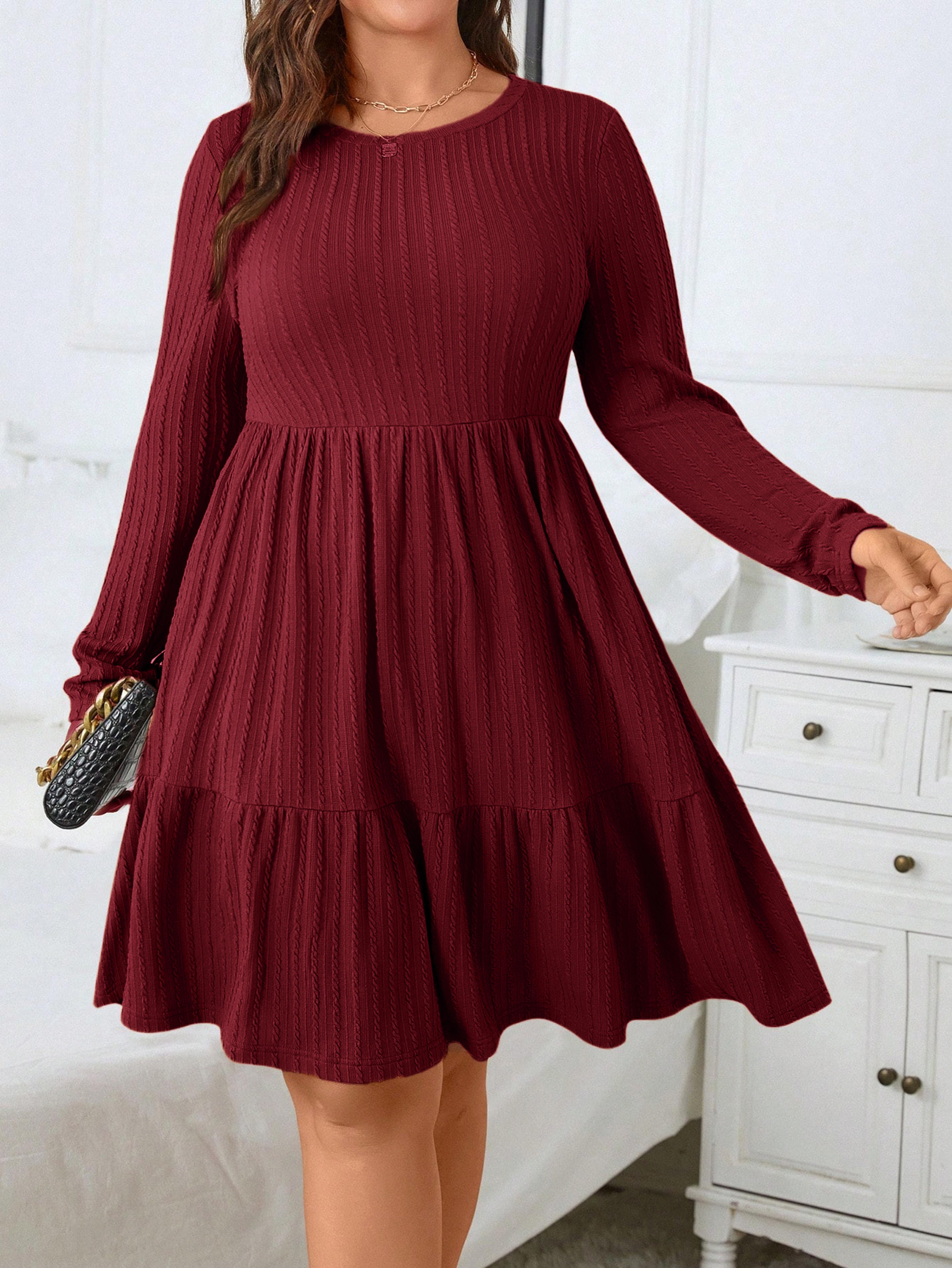 autumn and winter plus size women's dress, long sleeve round neck solid color with ruffle hem and pockets