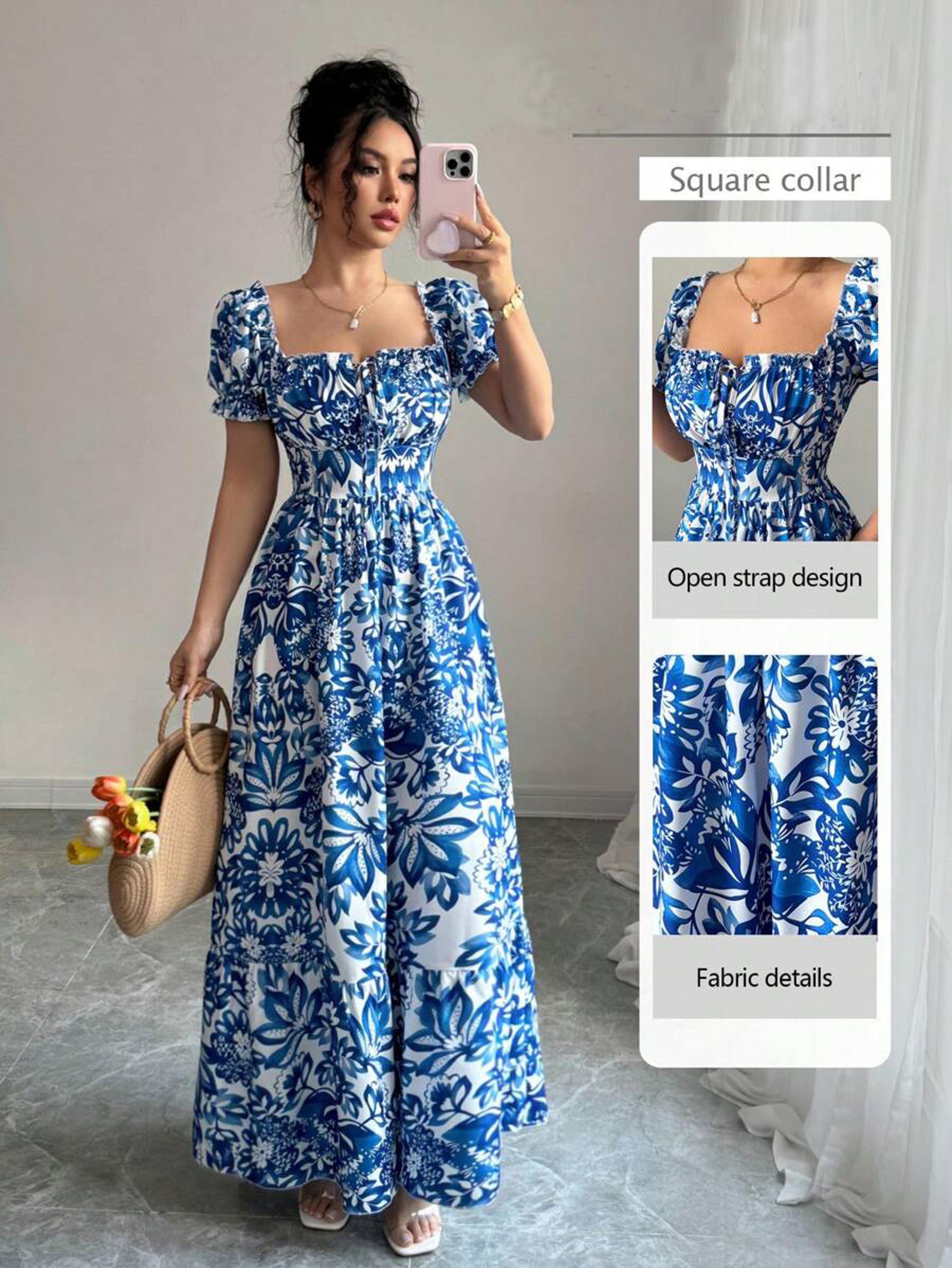 blue long dress, elegant women's floral print, front tie back gathered waist, bubble sleeve dress for casual vacation