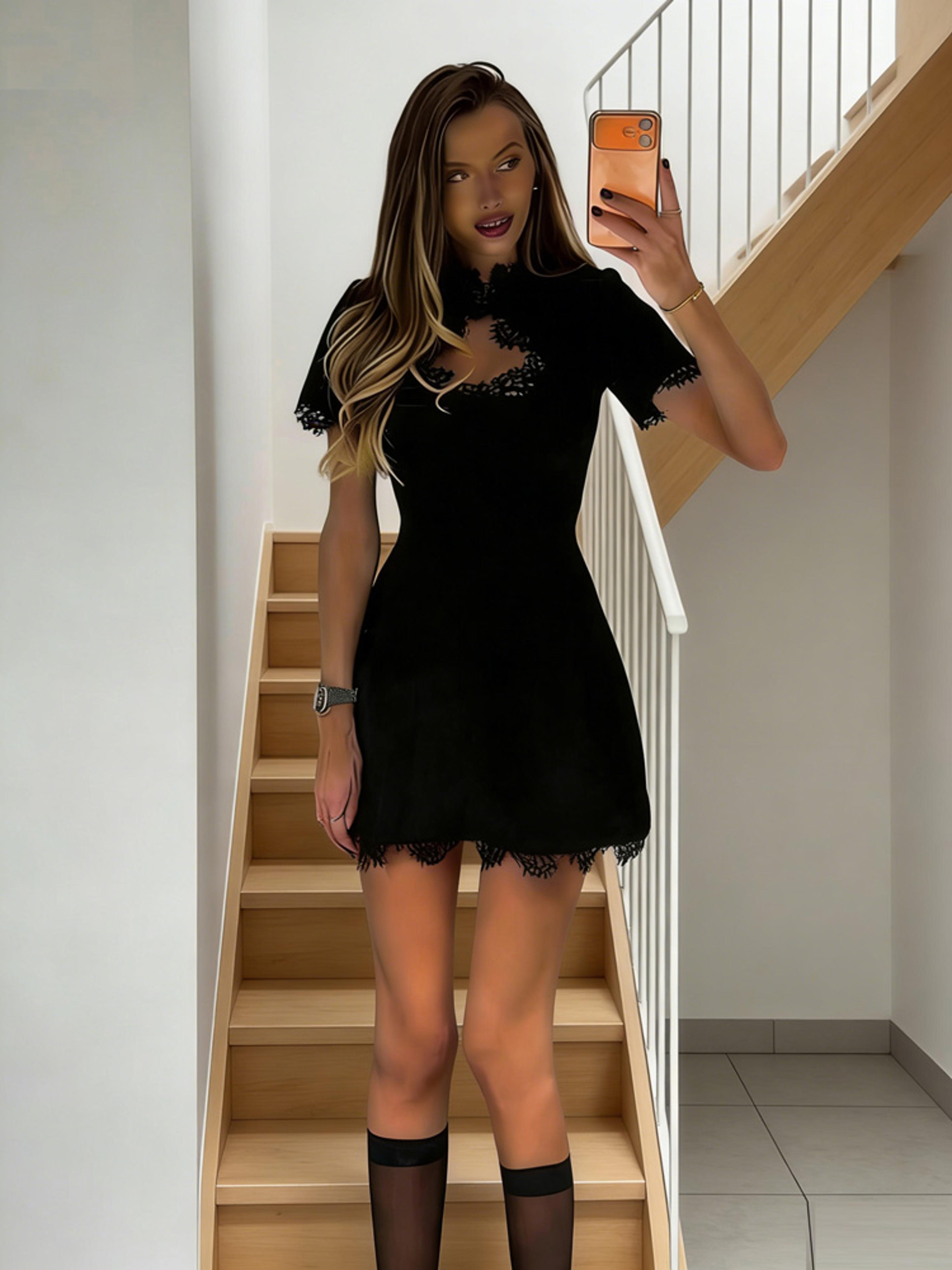 black lace hollow out mini dress, tossy patchwork short sleeve, sexy high waist women's casual party dress