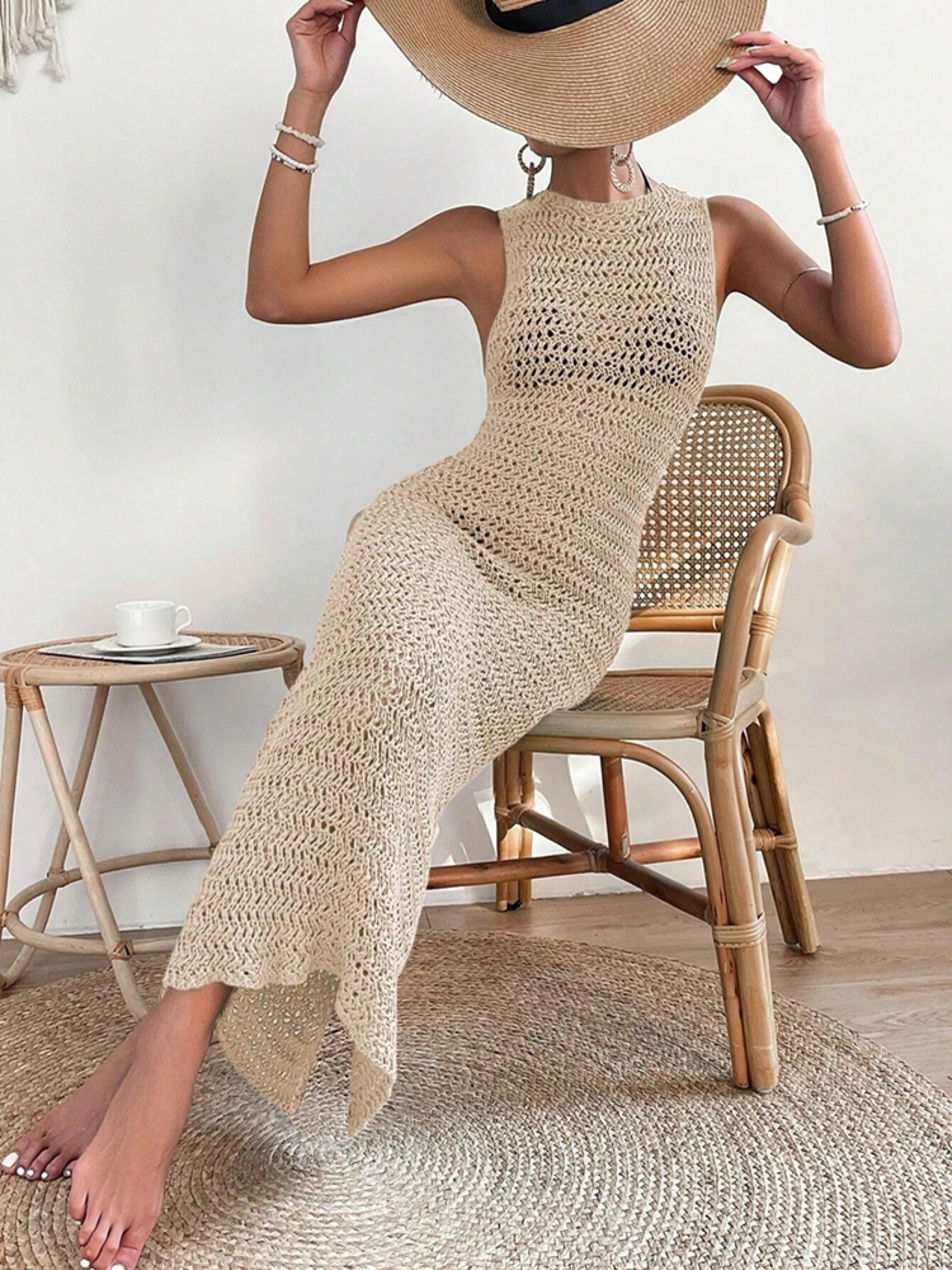 fashionable hollow out dress, round neck waist clip skirt, sleeveless slim fit woolen dress for women