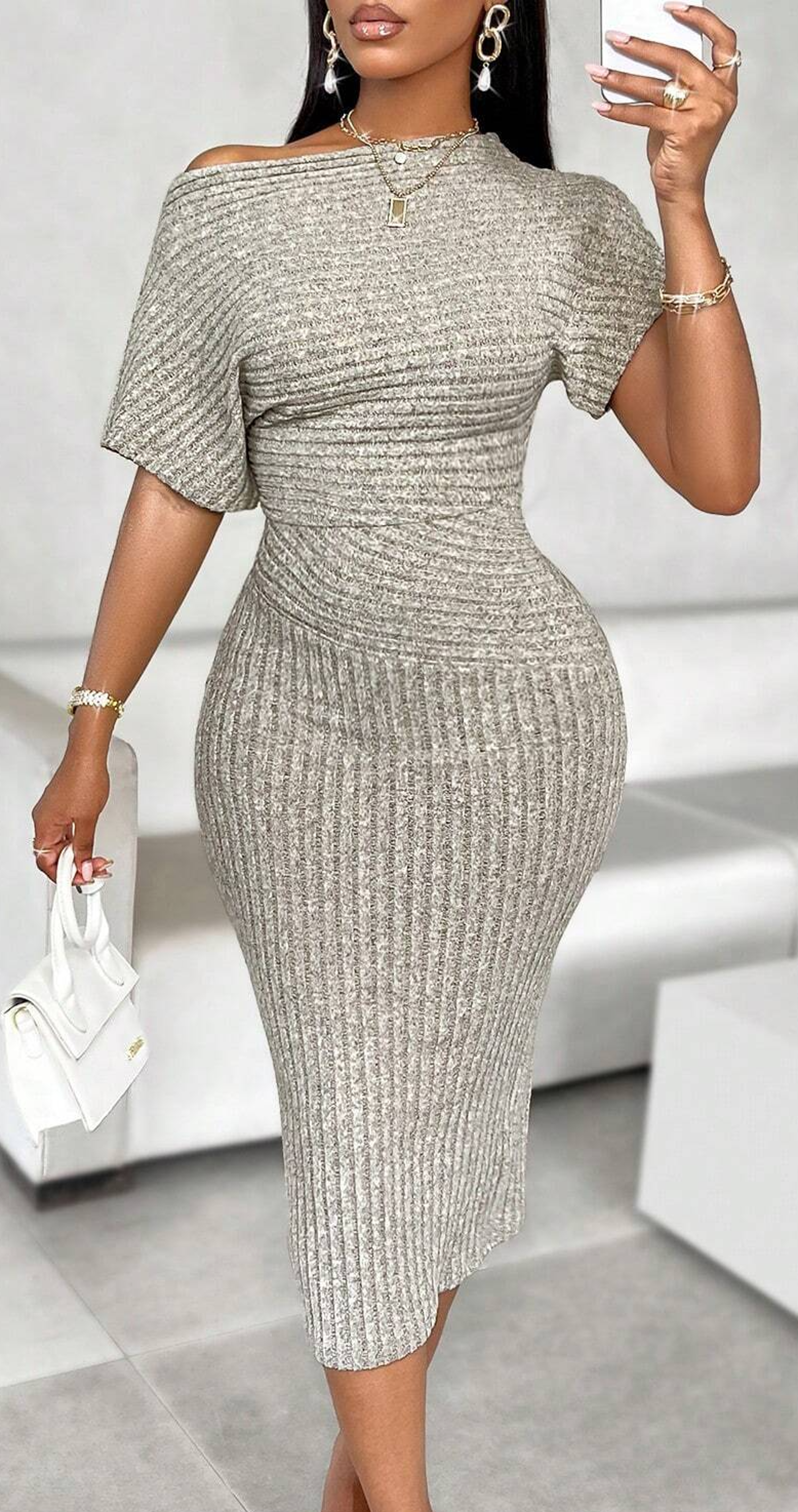 asymmetric shoulder women's fashion textured fabric dress in solid color for every occasion