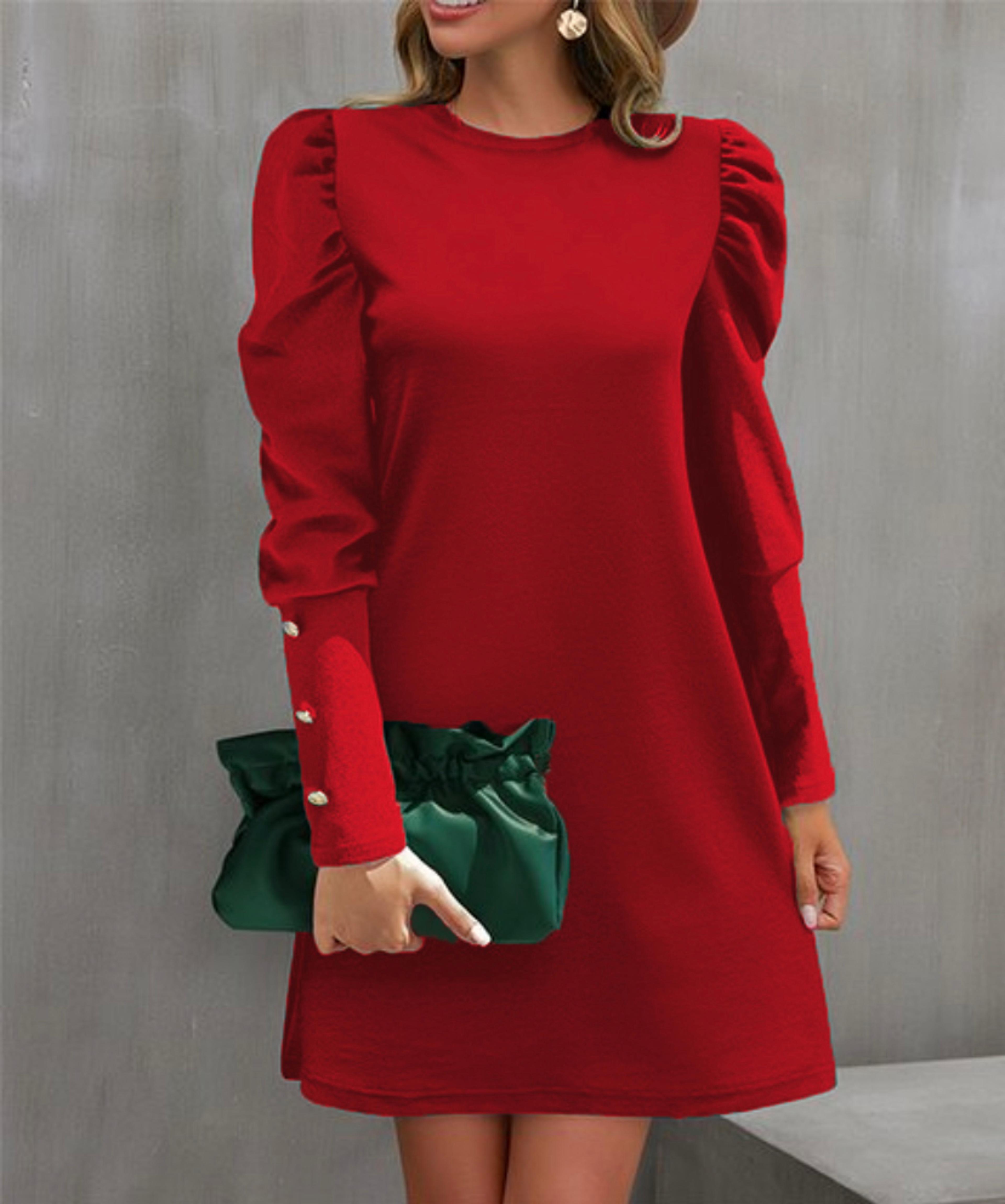 women's clothing amazon, pure color round neck, autumn and winter new puff sleeve button, european and american cross-bo