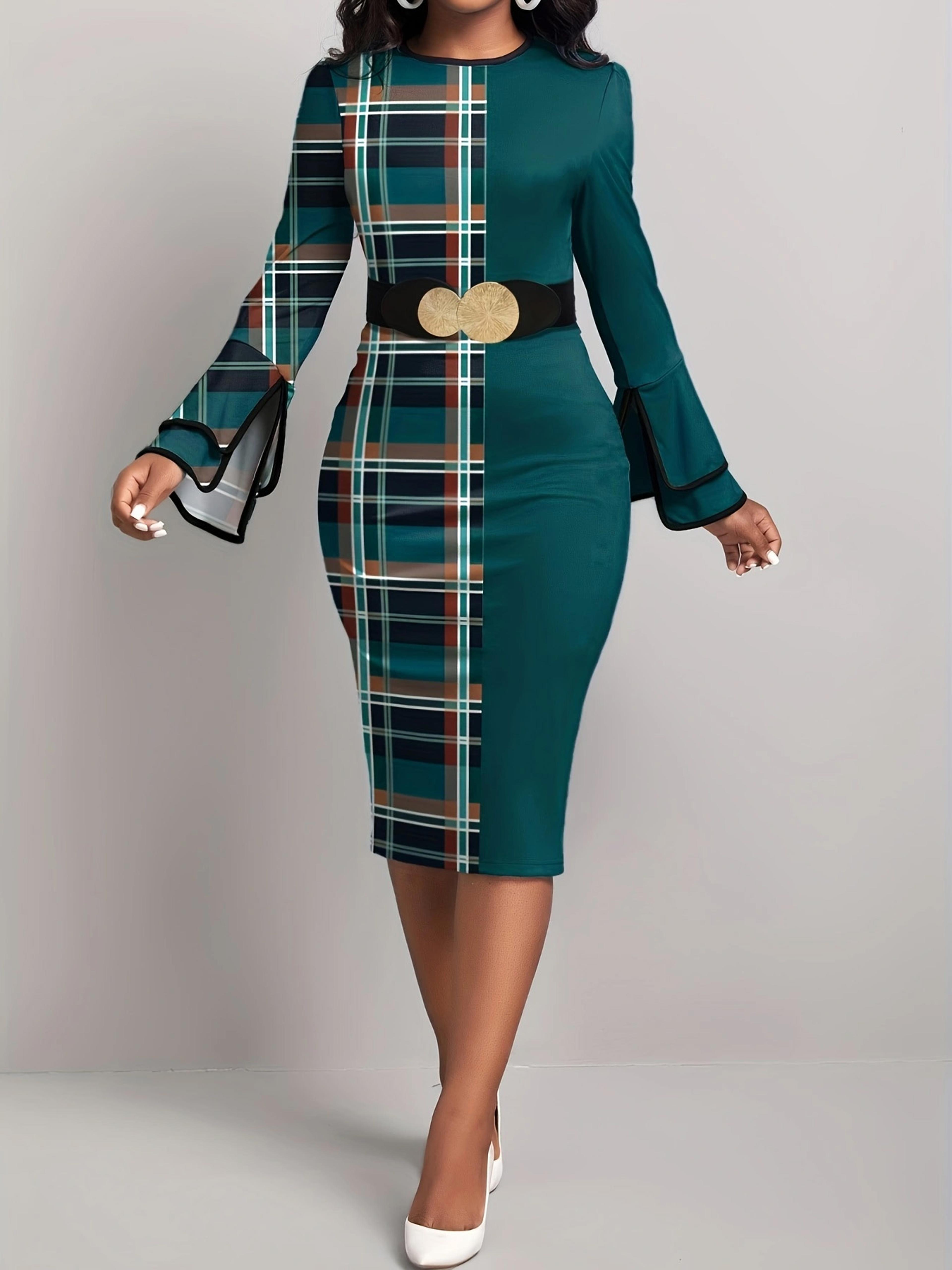 womens dress plaid patchwork green round neck tight dress, no belt, stylish casual fit for all occasions