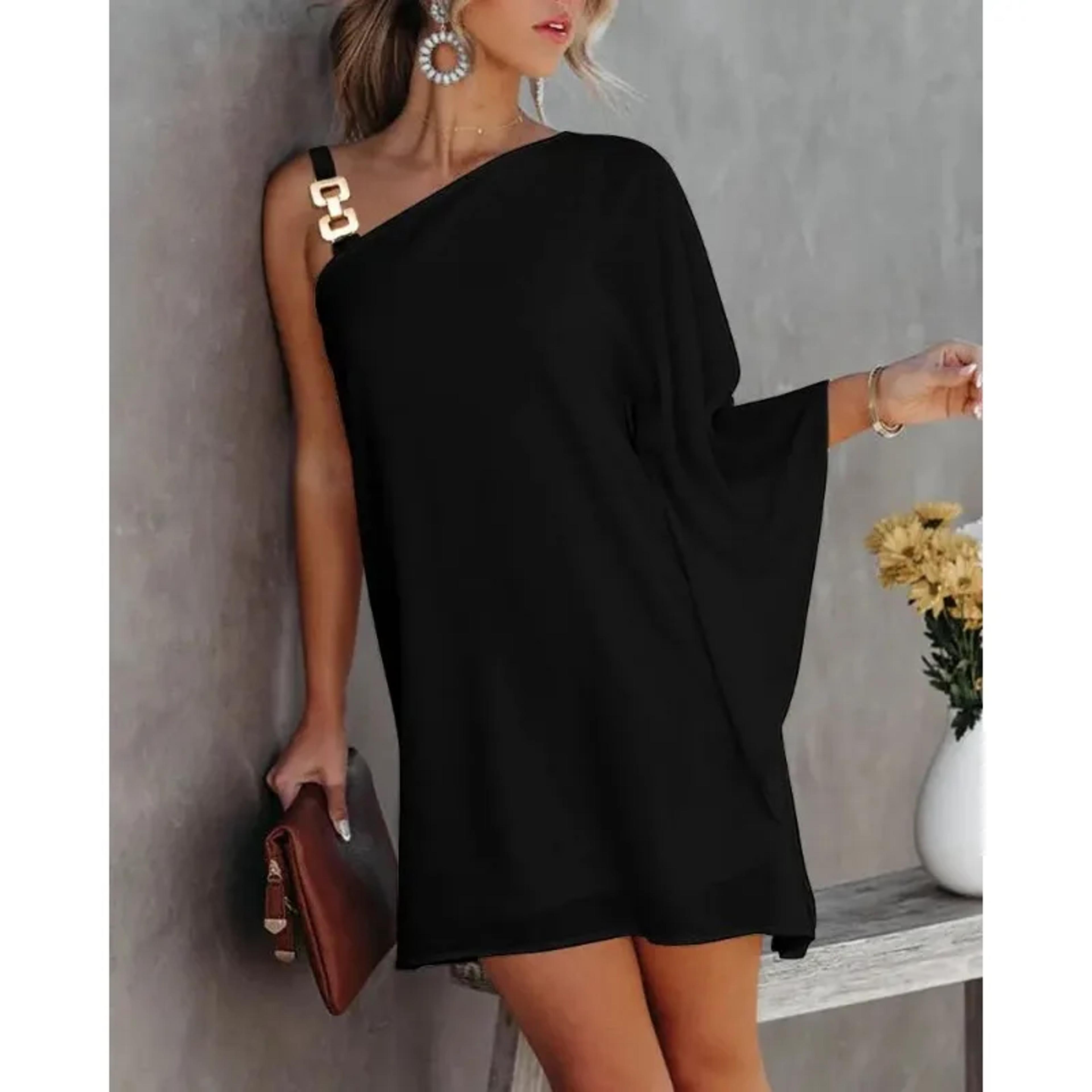 summer commuter women's dress, one line diagonal neck off shoulder, solid color, printed metal strap bat sleeve