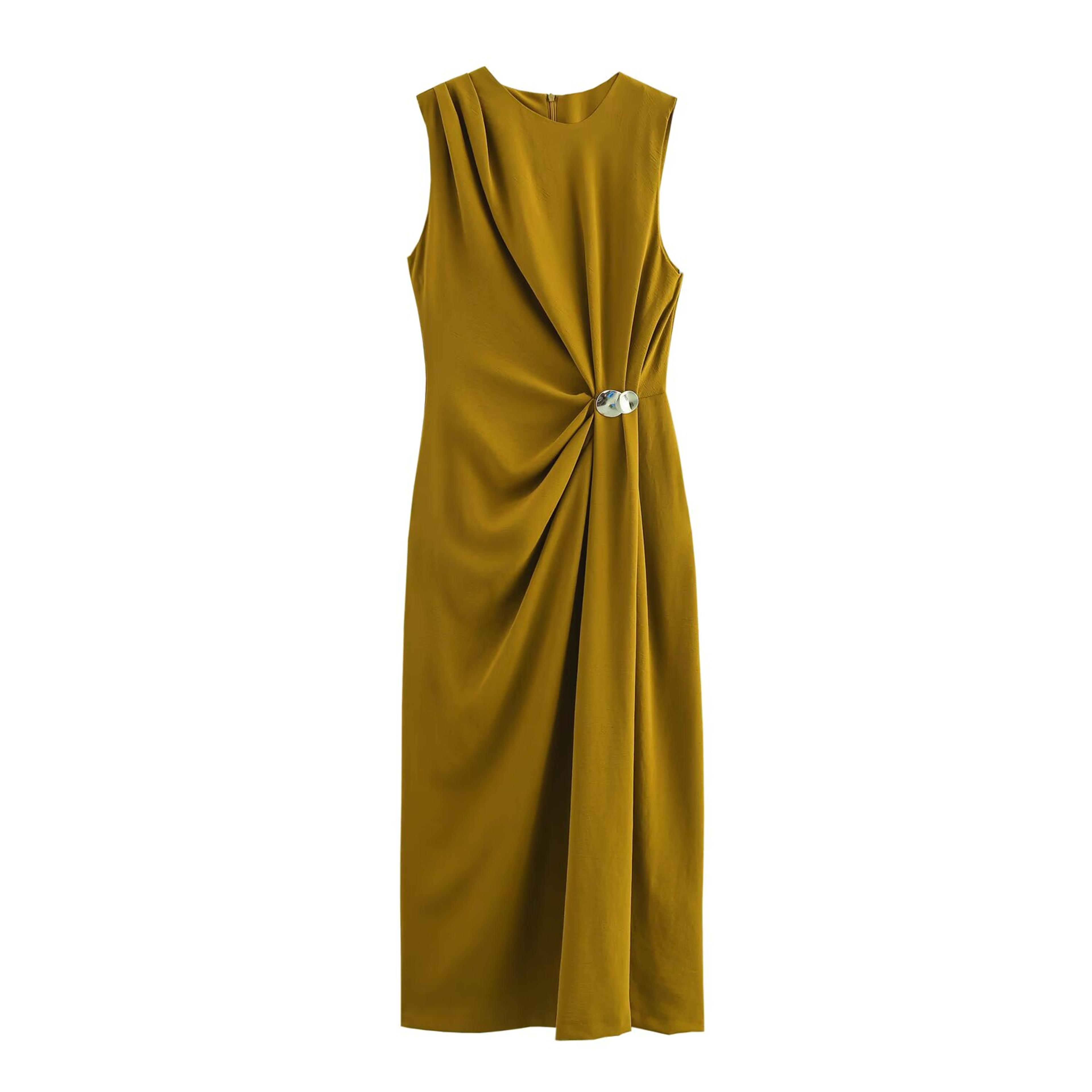 summer new womens casual fashion simple pleated decoration, temperament round neck sleeveless midi dress
