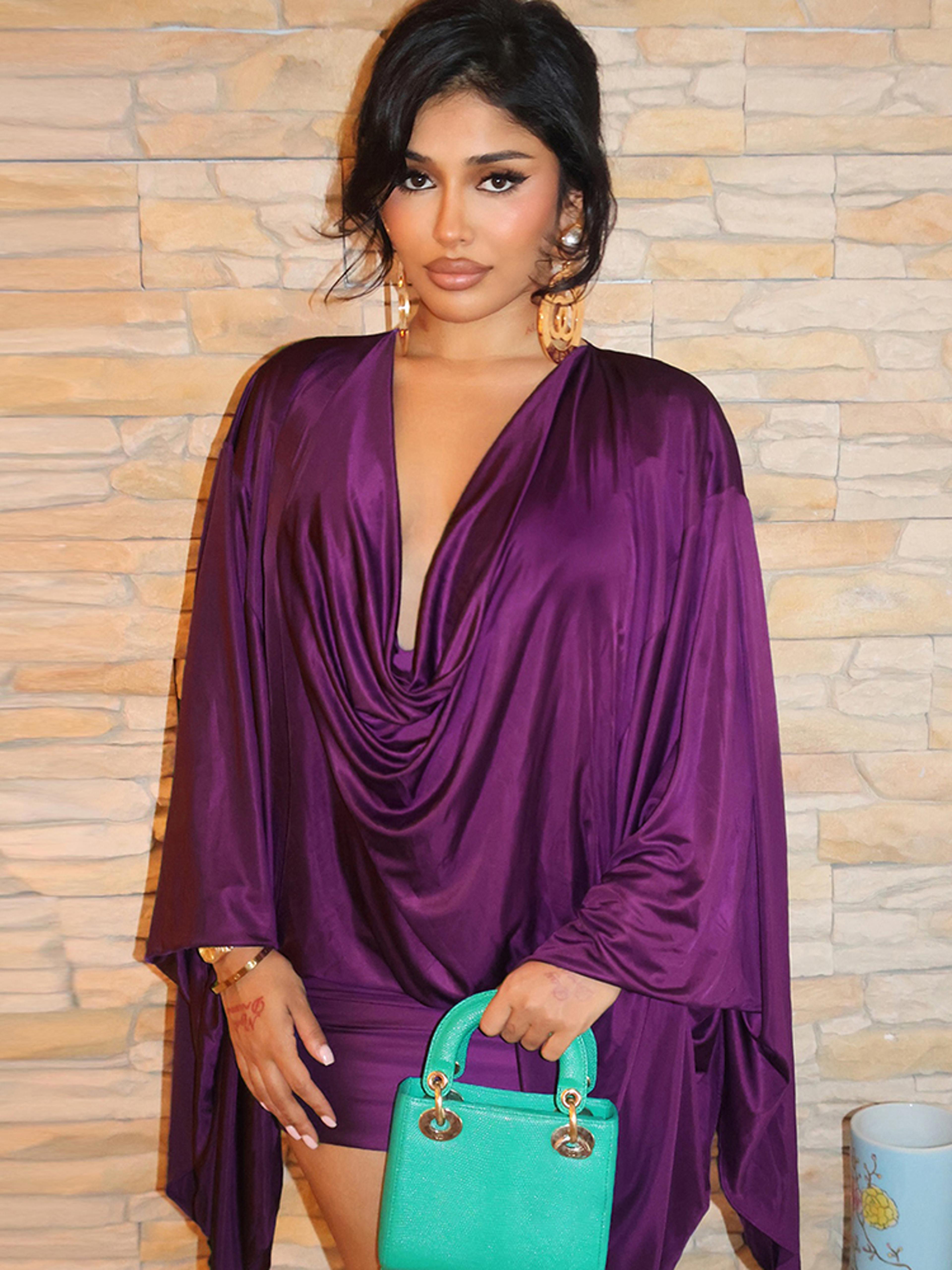 spring elegant classic satin dress for women, deep v-neck, swing long sleeve, simple midnight clubwear, midnight skinny