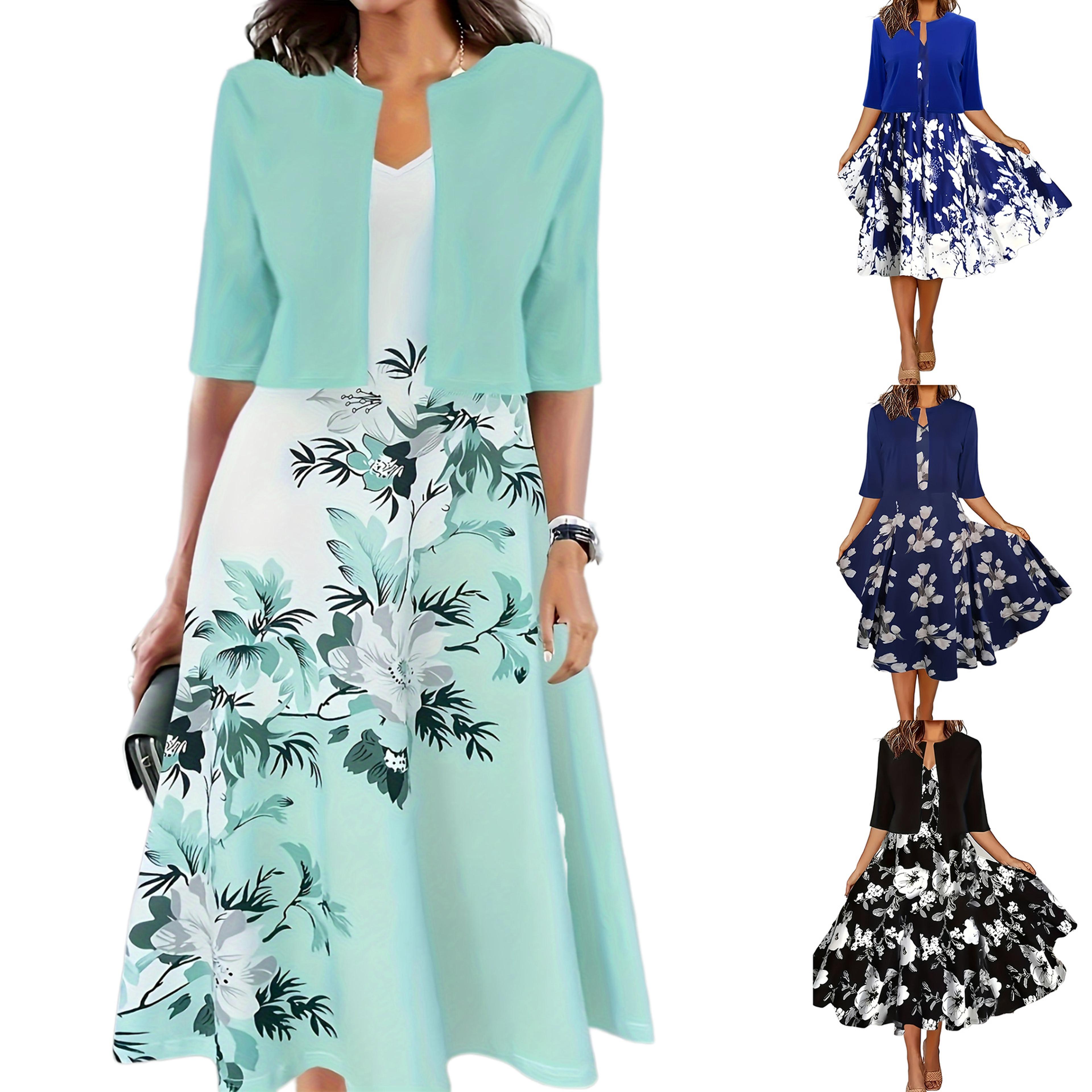 autumn new women's long dress, two-piece set, floral print, round neck dress coat for women