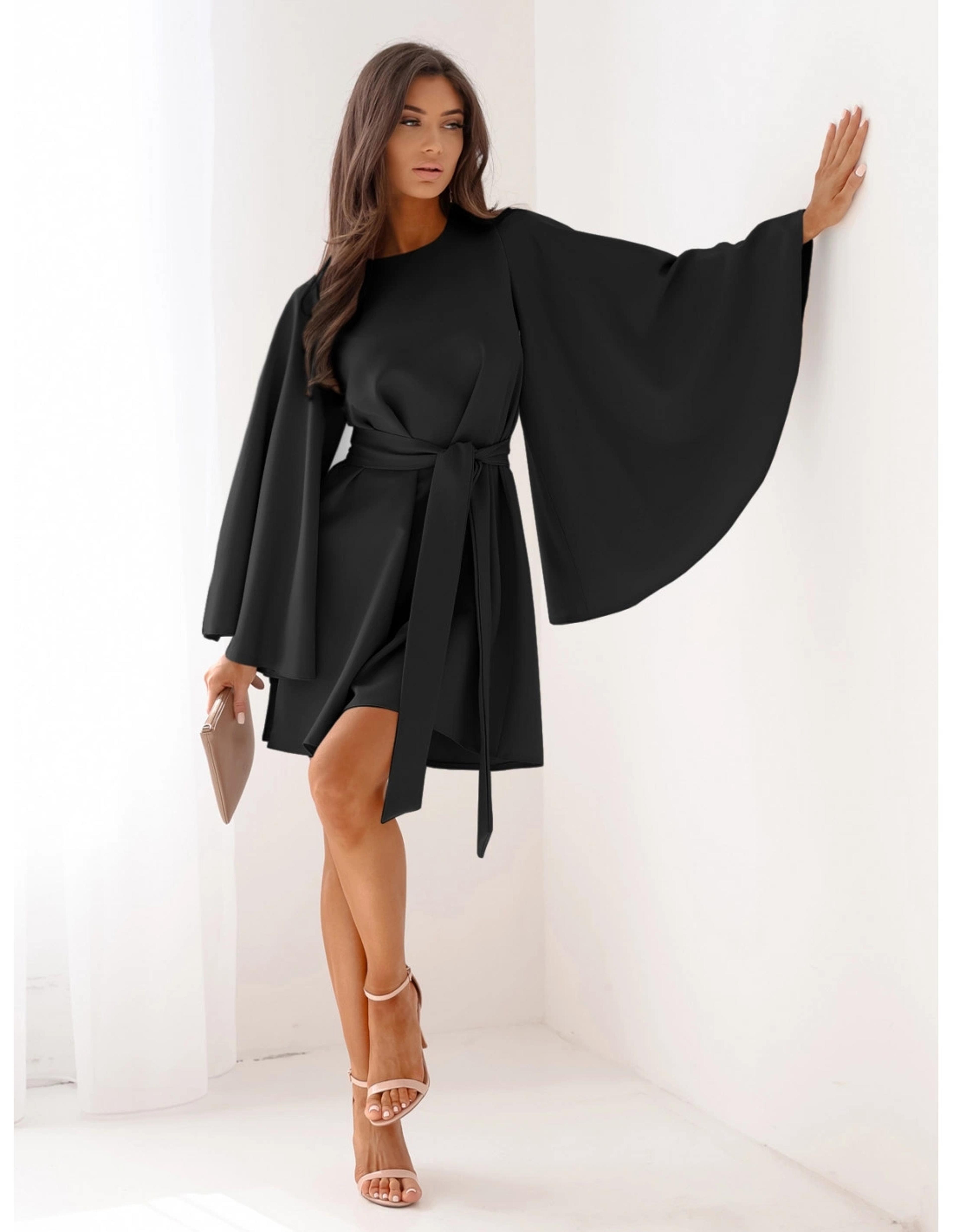 womens mini dress, empire waist dress, elegant flare cuff sleeve, fall dress, long sleeve crew neck, regular fit, pure