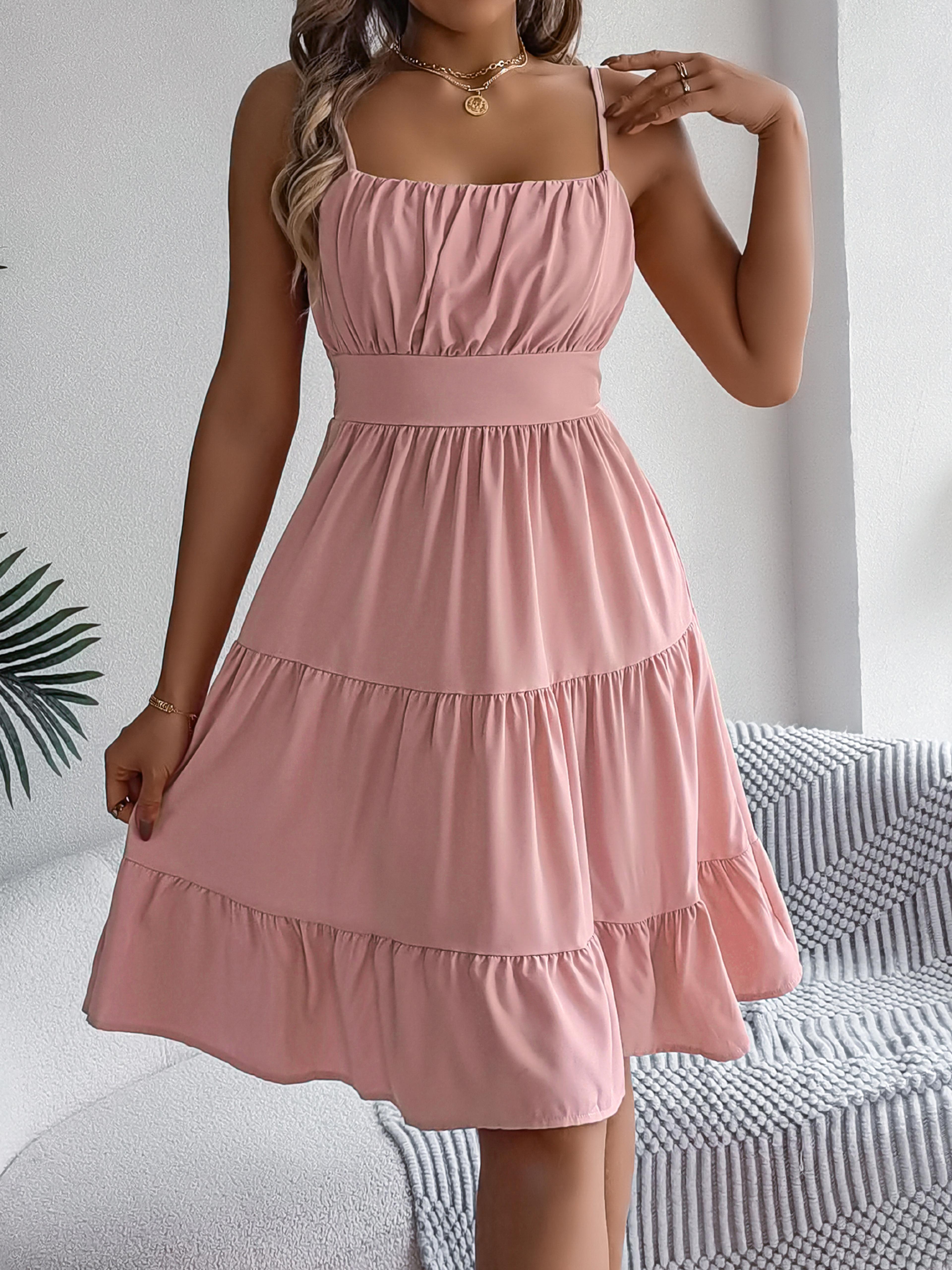 casual vacation ruffled camisole dress, spring summer women's solid dresses, valentine's day pink blue woman clothing
