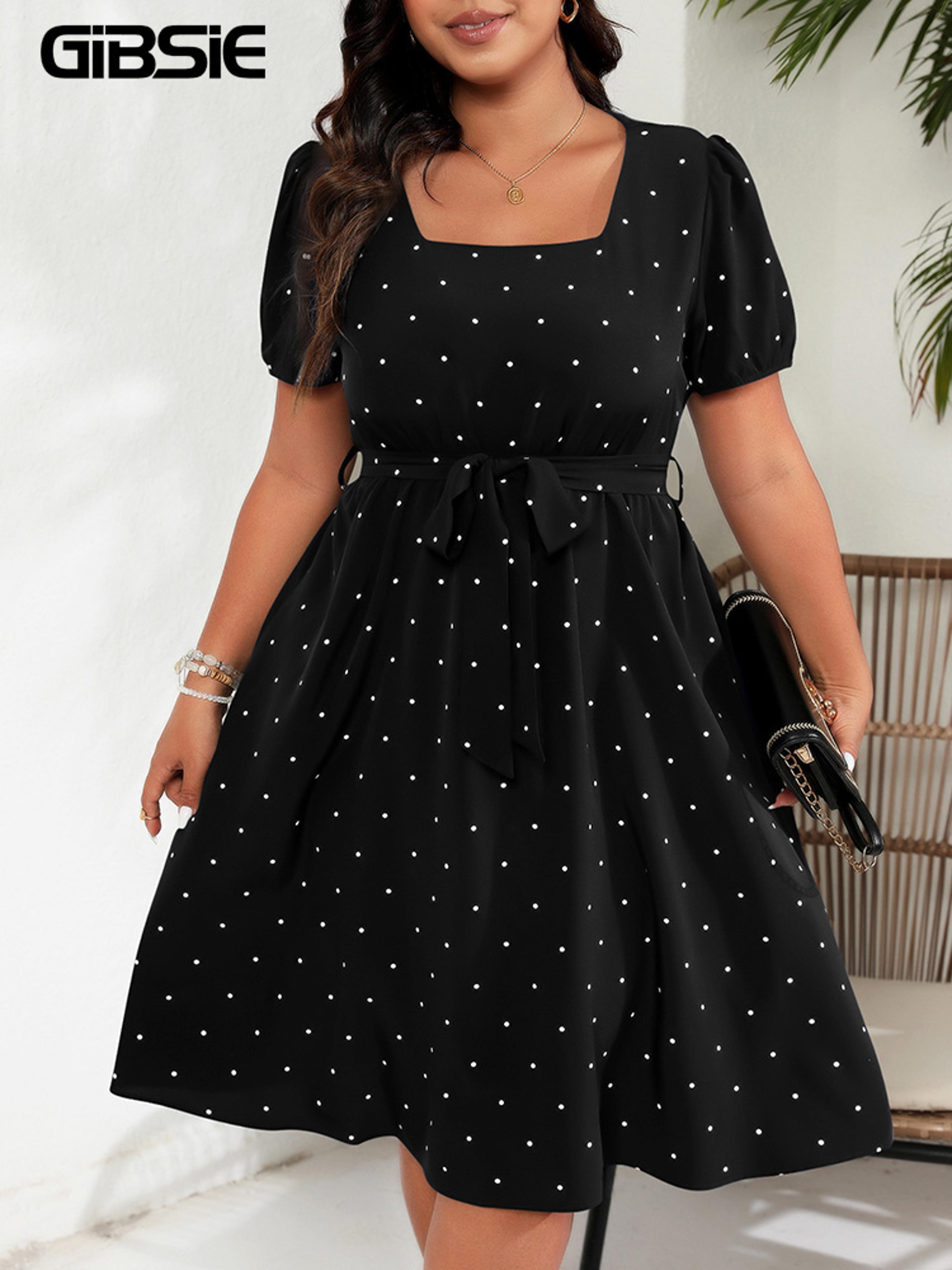square neck polka dot belted dress, women's elegant retro puff sleeve, high waist summer a-line big swing dresses