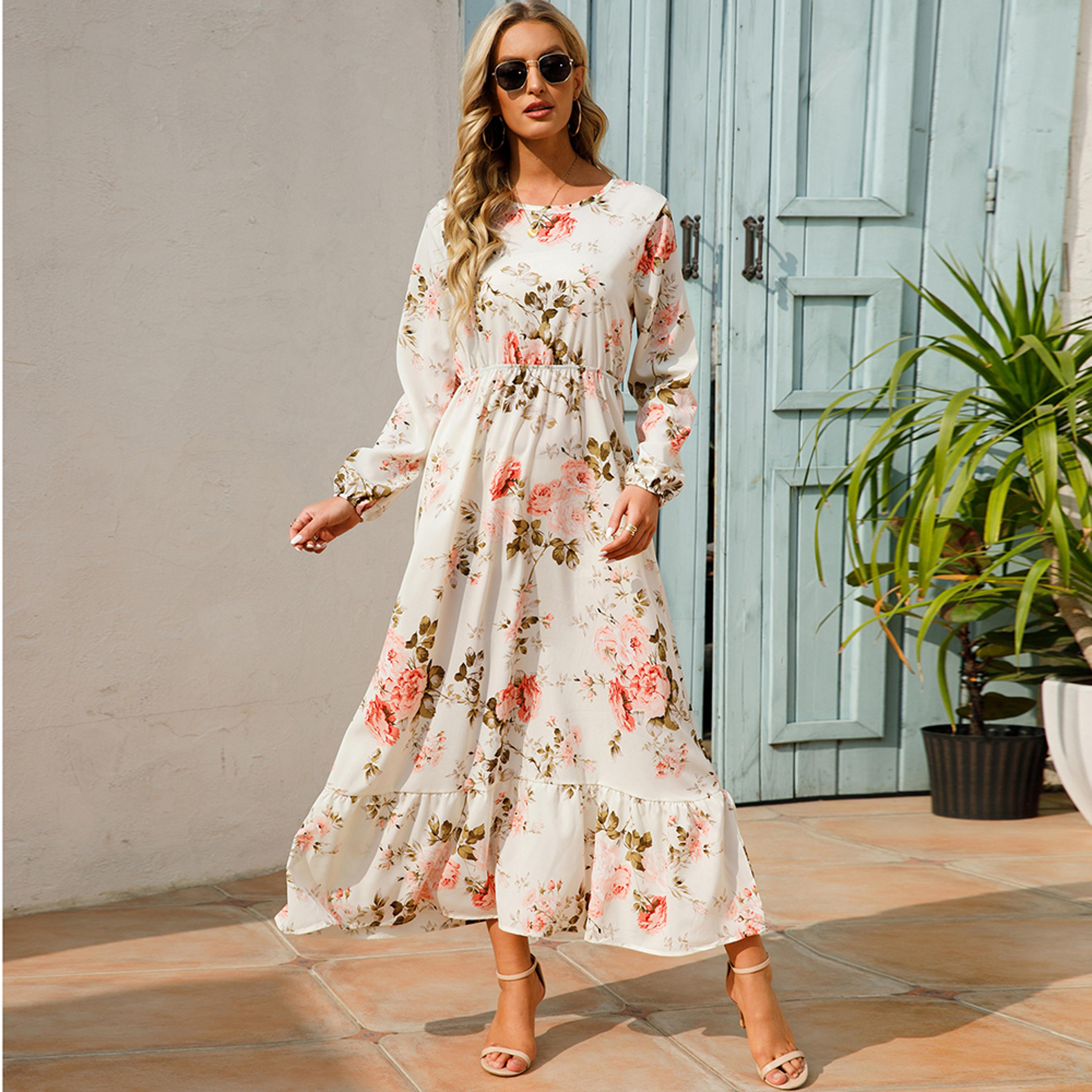 women maxi dresses bohemian casual, full sleeve high waist beach woman chiffon floral long dress
