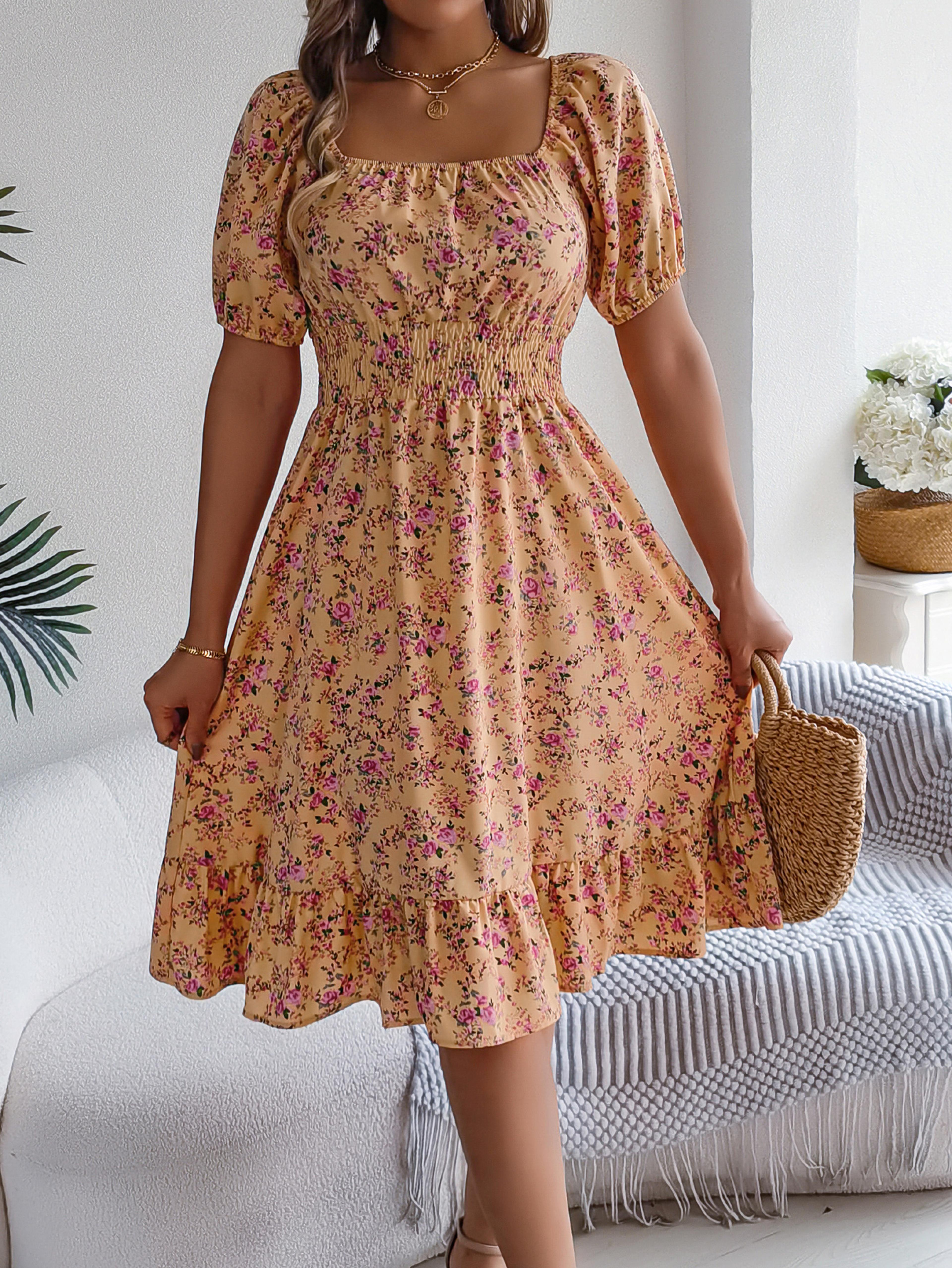 floral print short sleeved square neck dress, spring and summer elegant women's ruffled edge dress