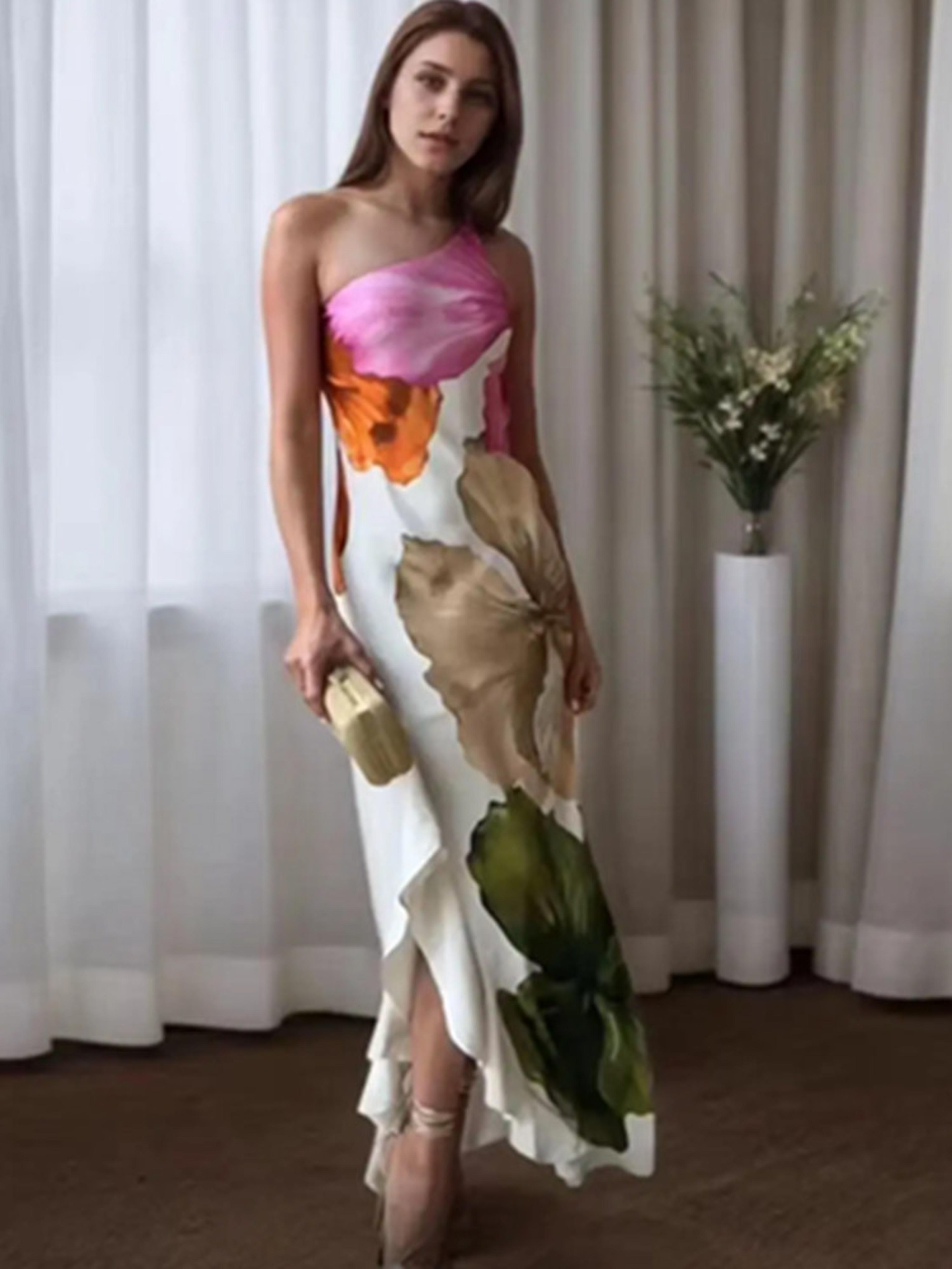 floral print slim long dress female chic, single shoulder backless party dress with side zipper
