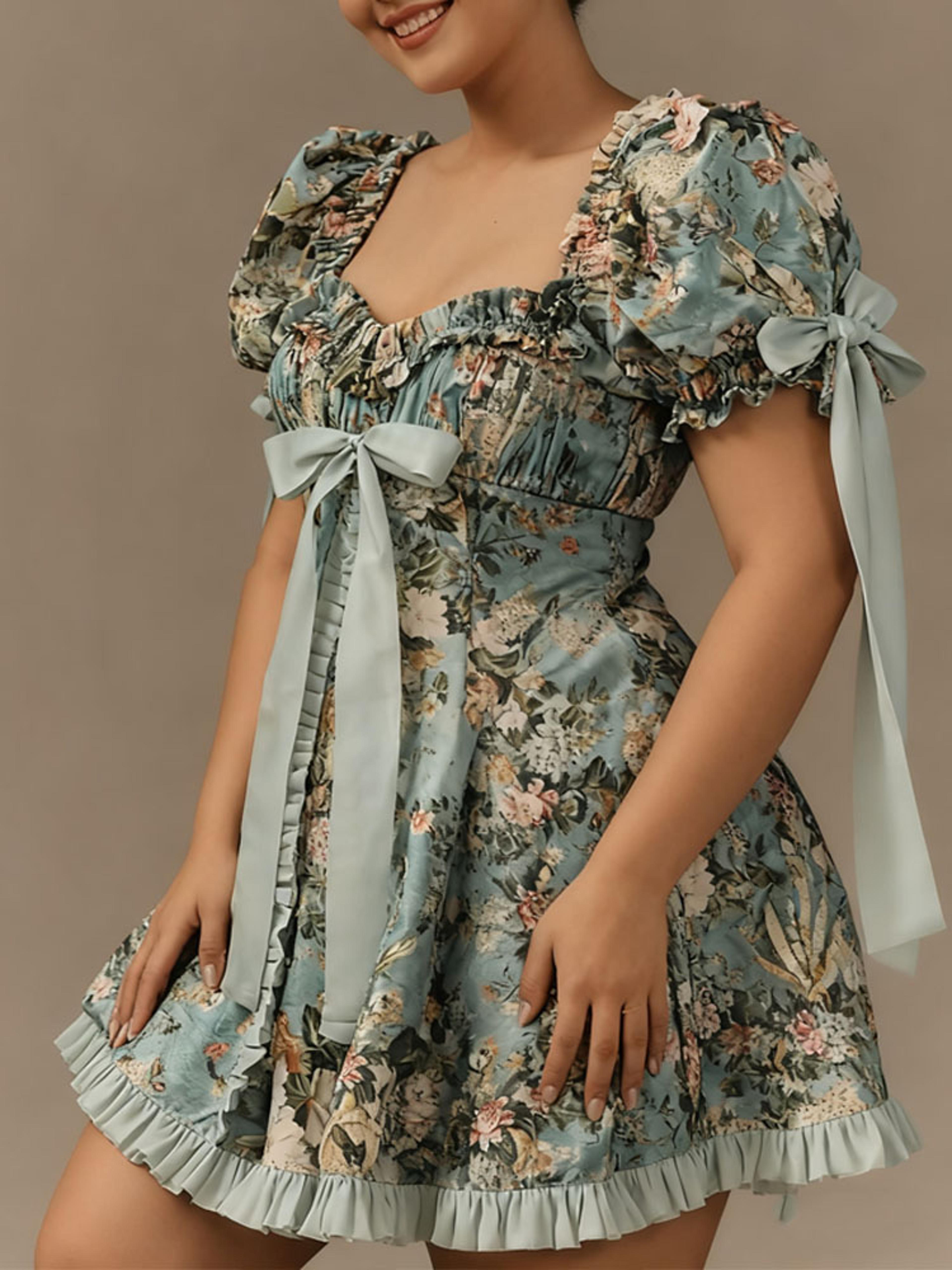 plus size womens lace square collar mini dress with floral print, lantern short sleeves elegant party dress