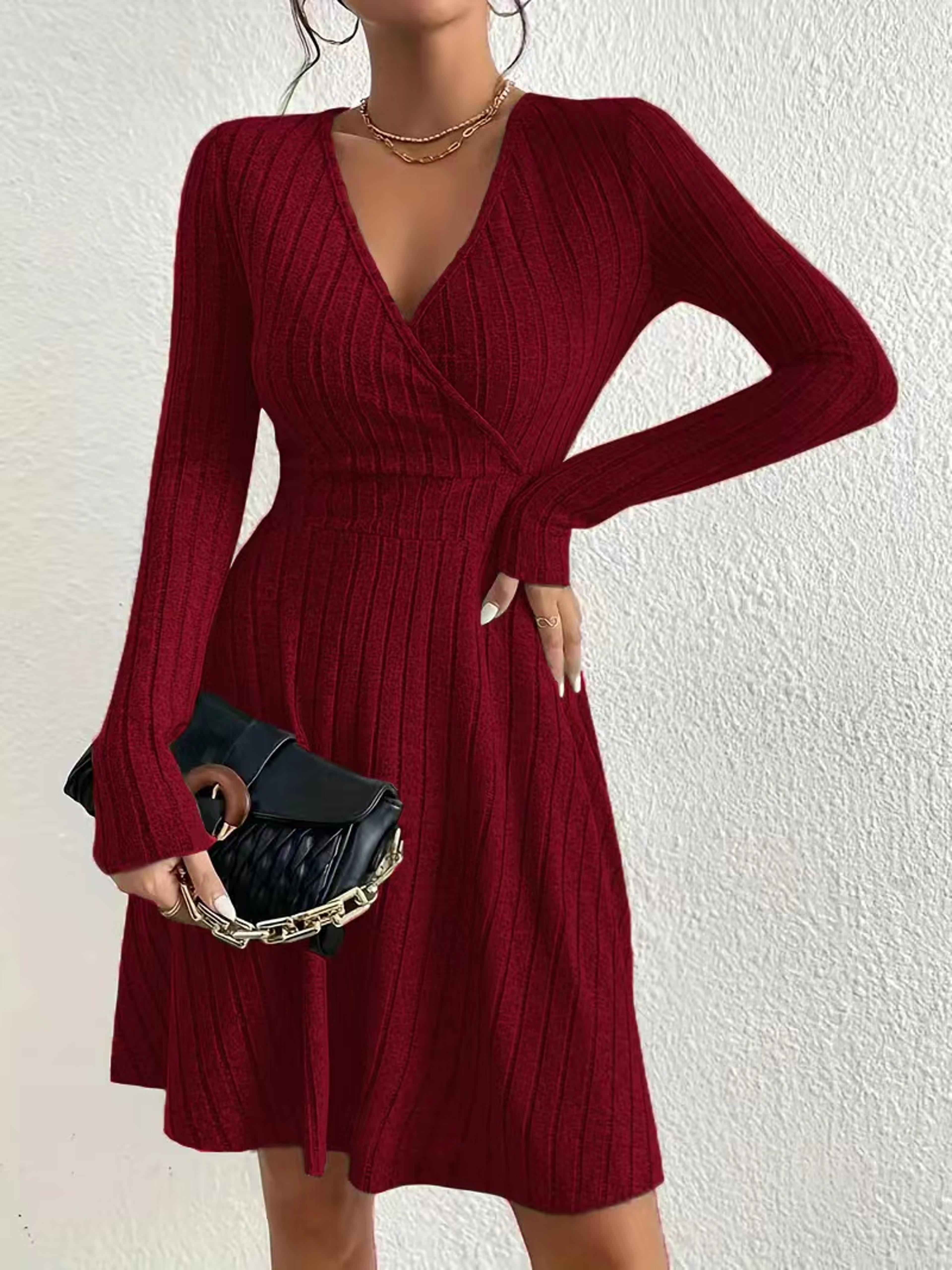 elegant plus size womens ribbed stretch dress, deep v neck cross over long sleeve work to casual dress