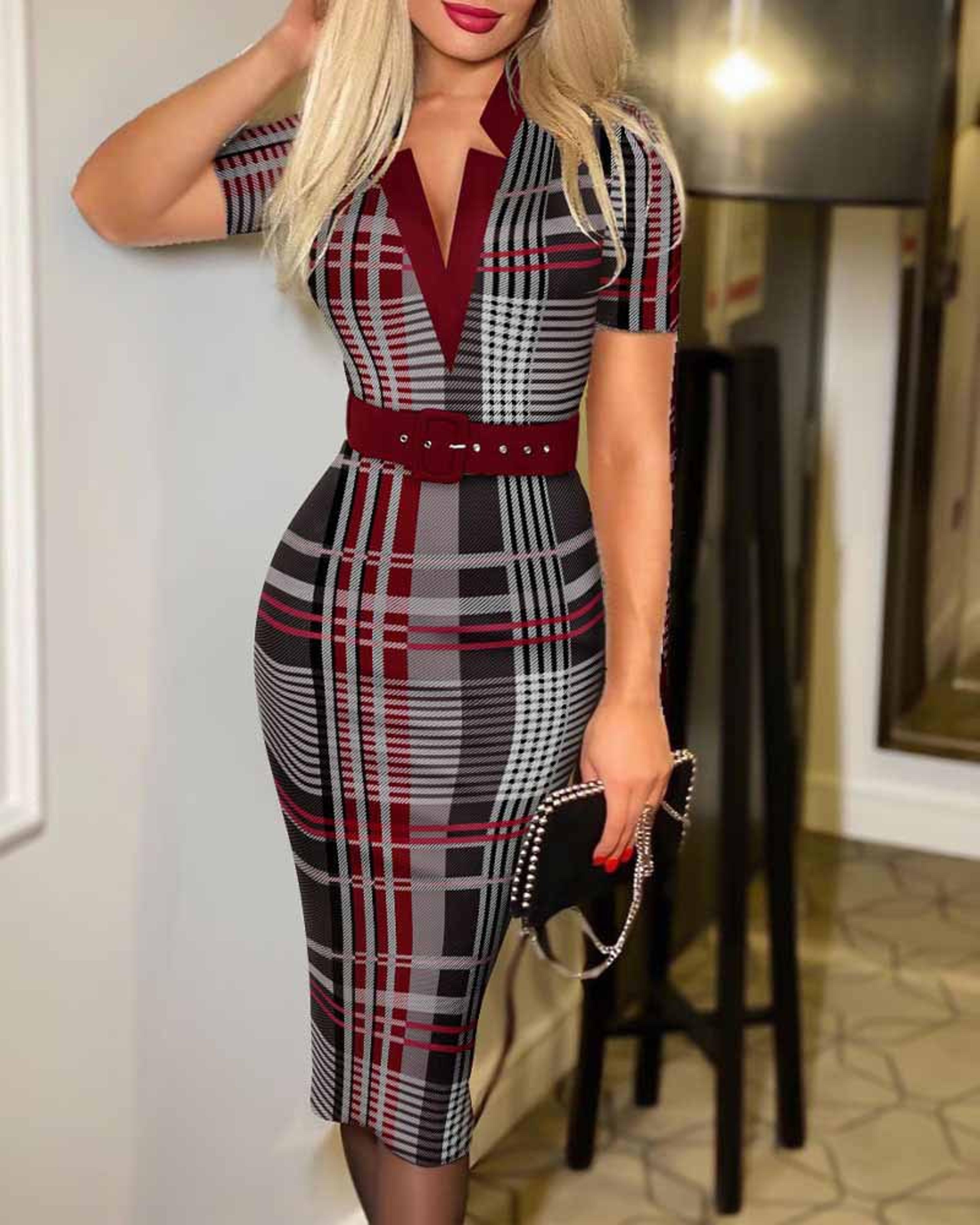 long sleeve knit bodycon, pattern v-neck midi pencil dress with belt for all seasons