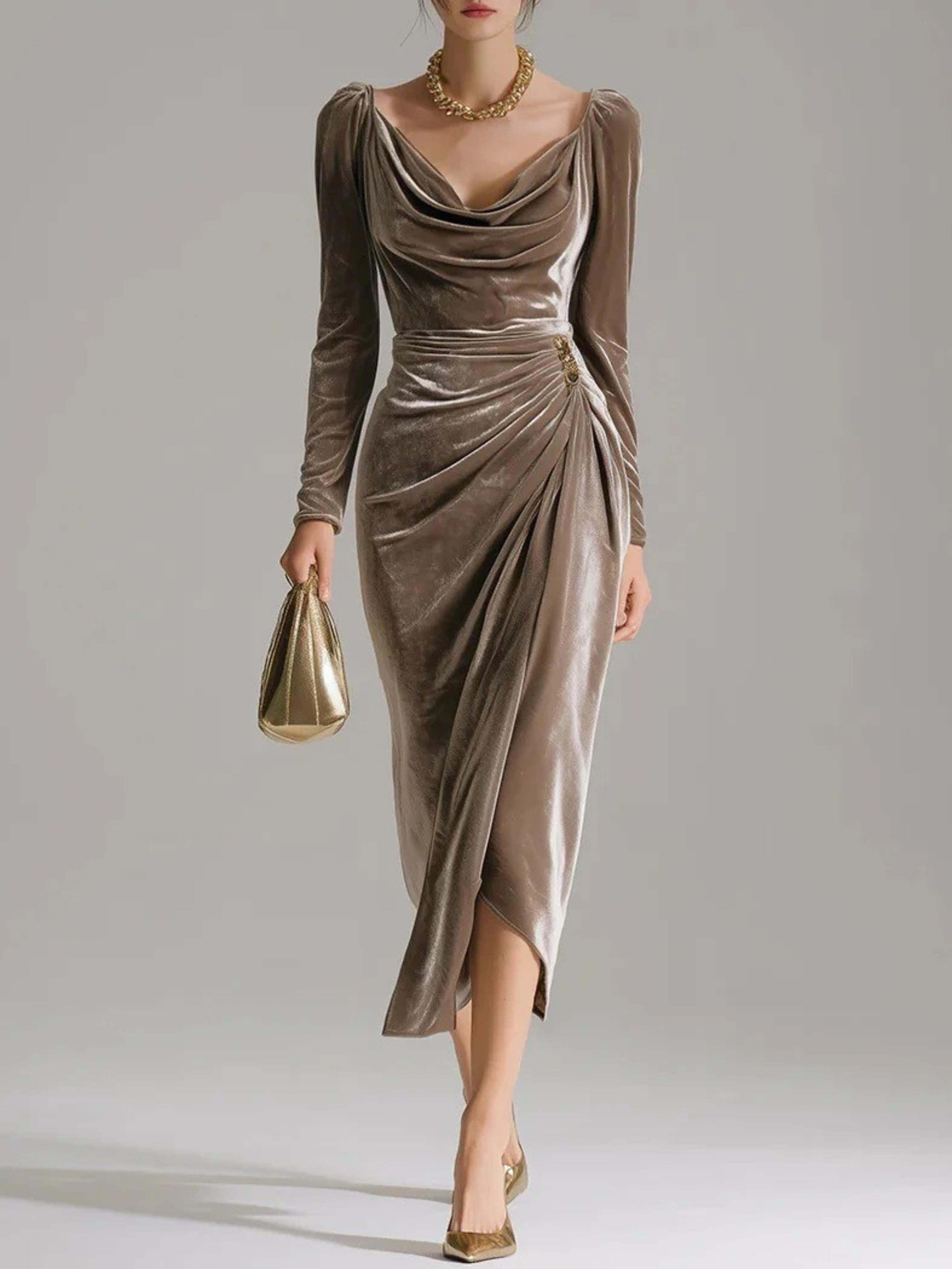 casual gold velvet sexy bodycon dress, european and american womens long sleeve slim pleated split style