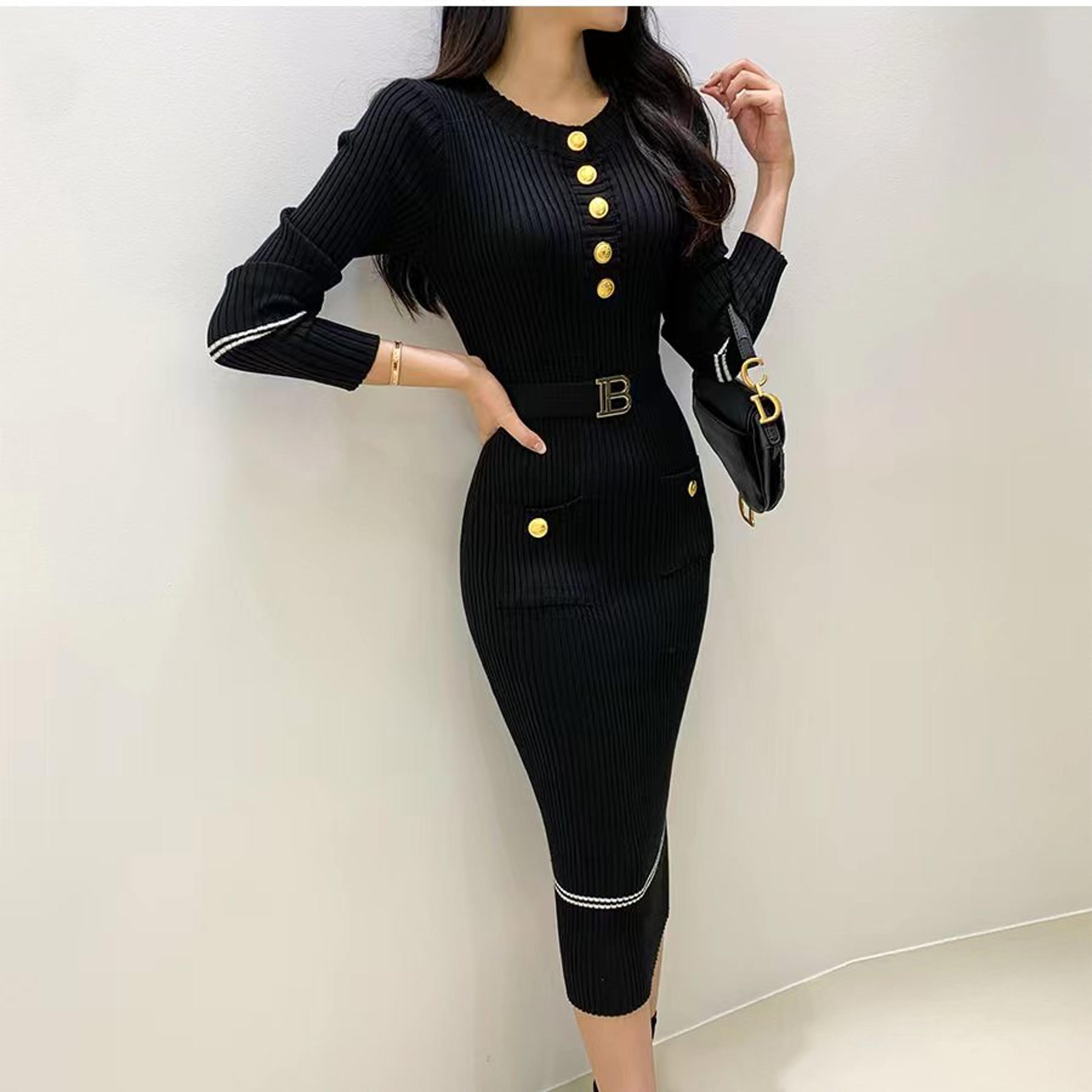 slim feeling autumn winter french style celebrity temperament dress with round collar and wrap hip design