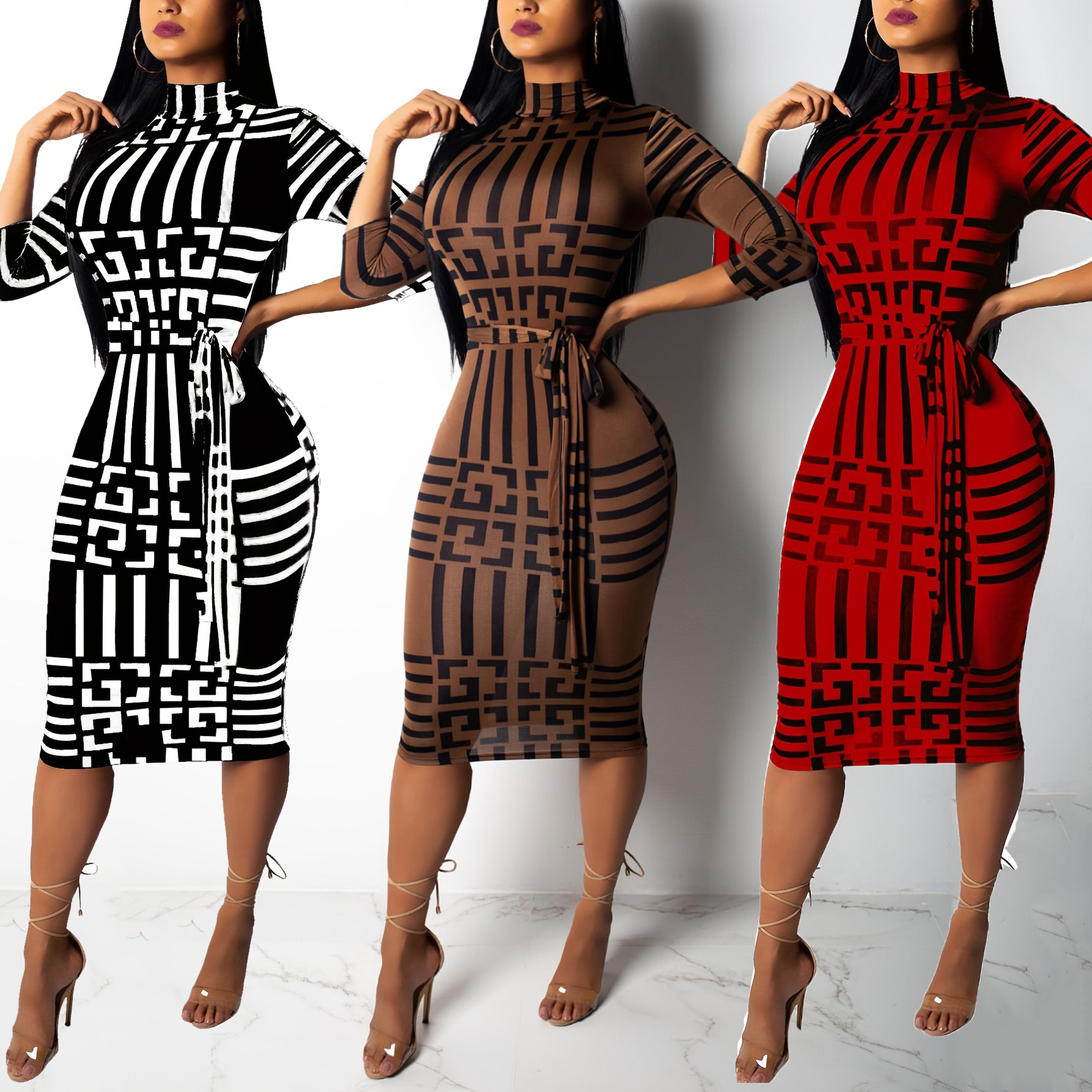 fashion women spring fall elegant dress long sleeve sexy mini bandage dresses letter print midi dress