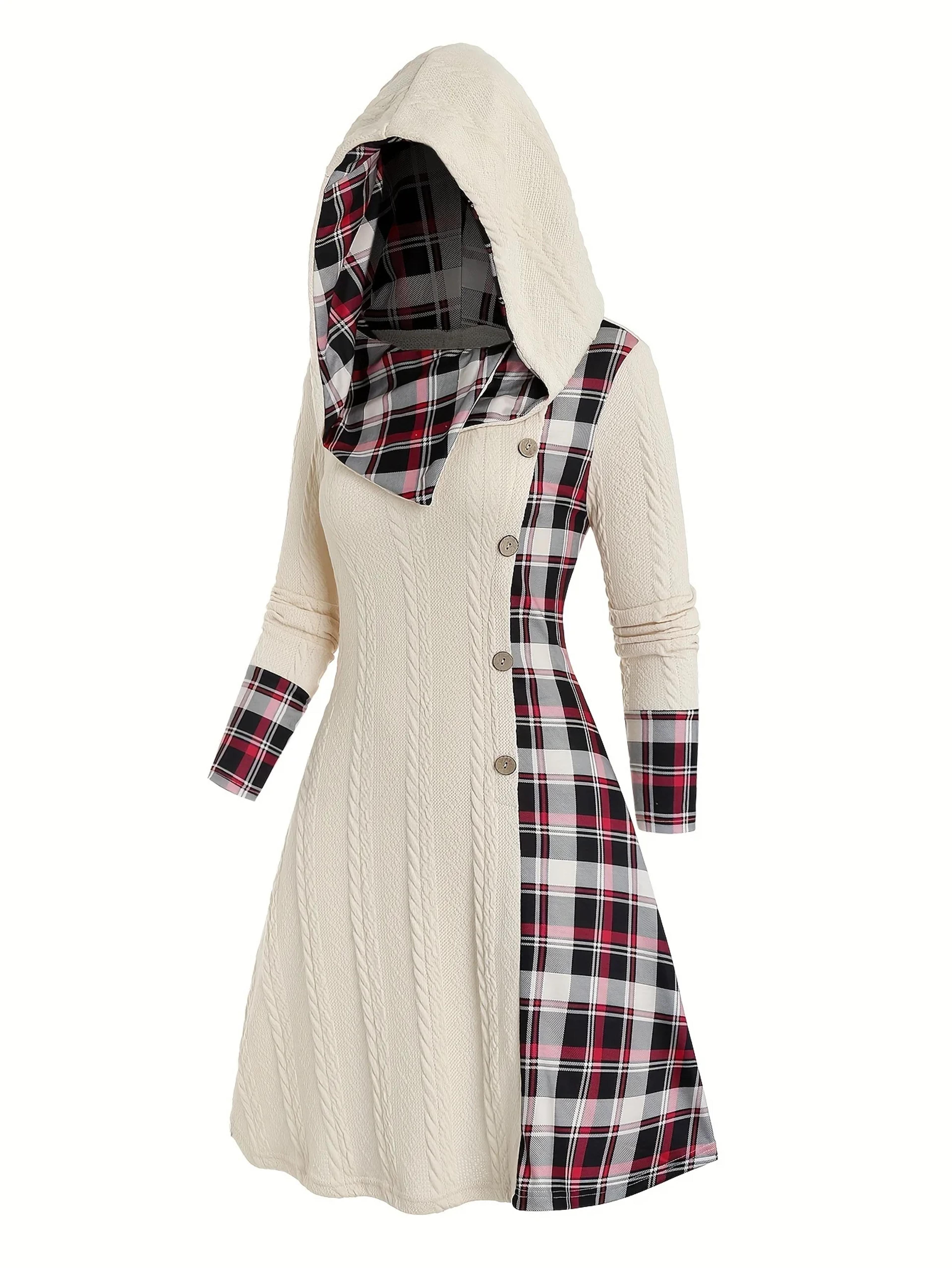 plaid print knitted hooded dress, fake buckle high waist, long sleeve a-line dress