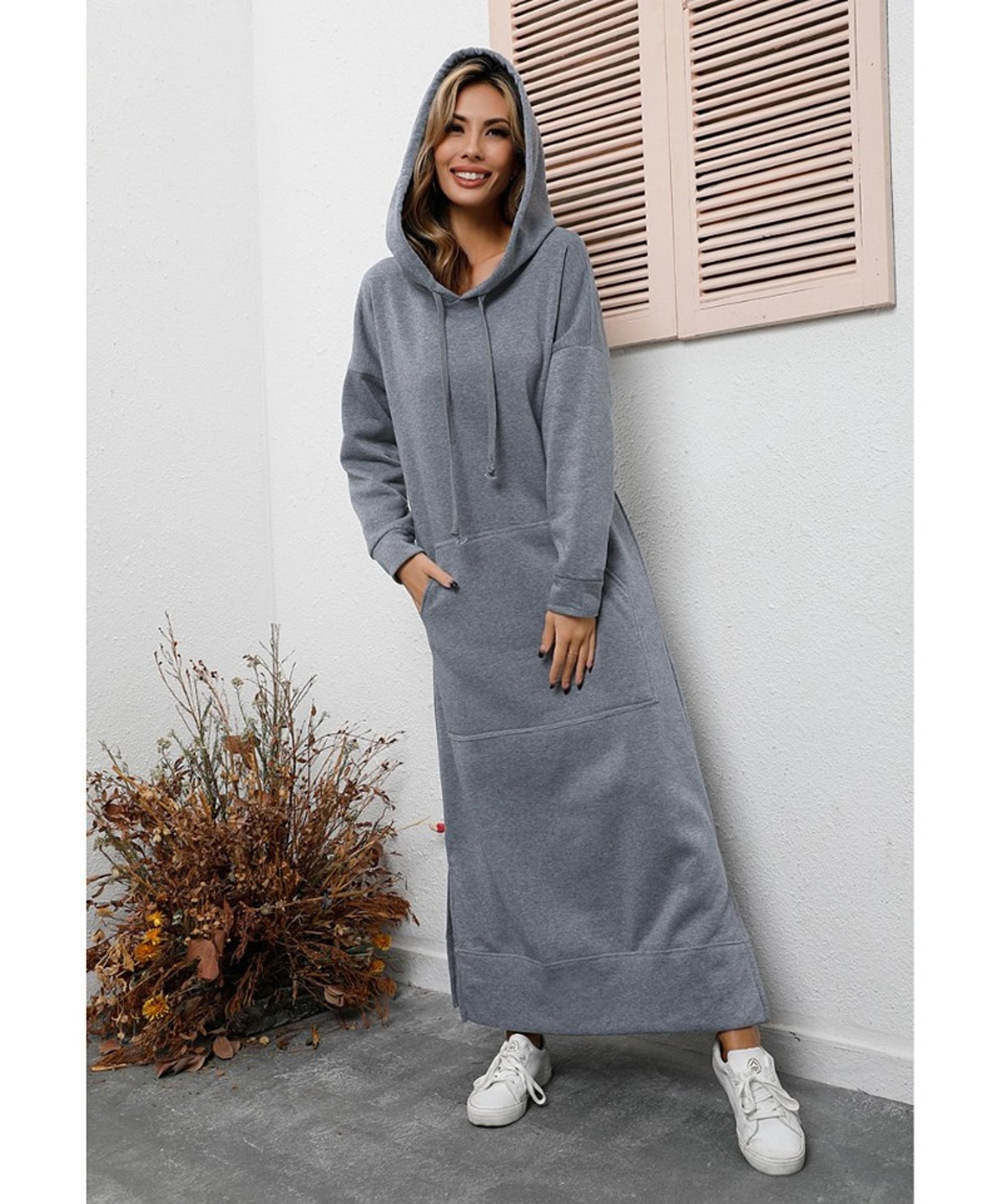 winter warm midi robe hooded long sweatshirt dress casual vestidos