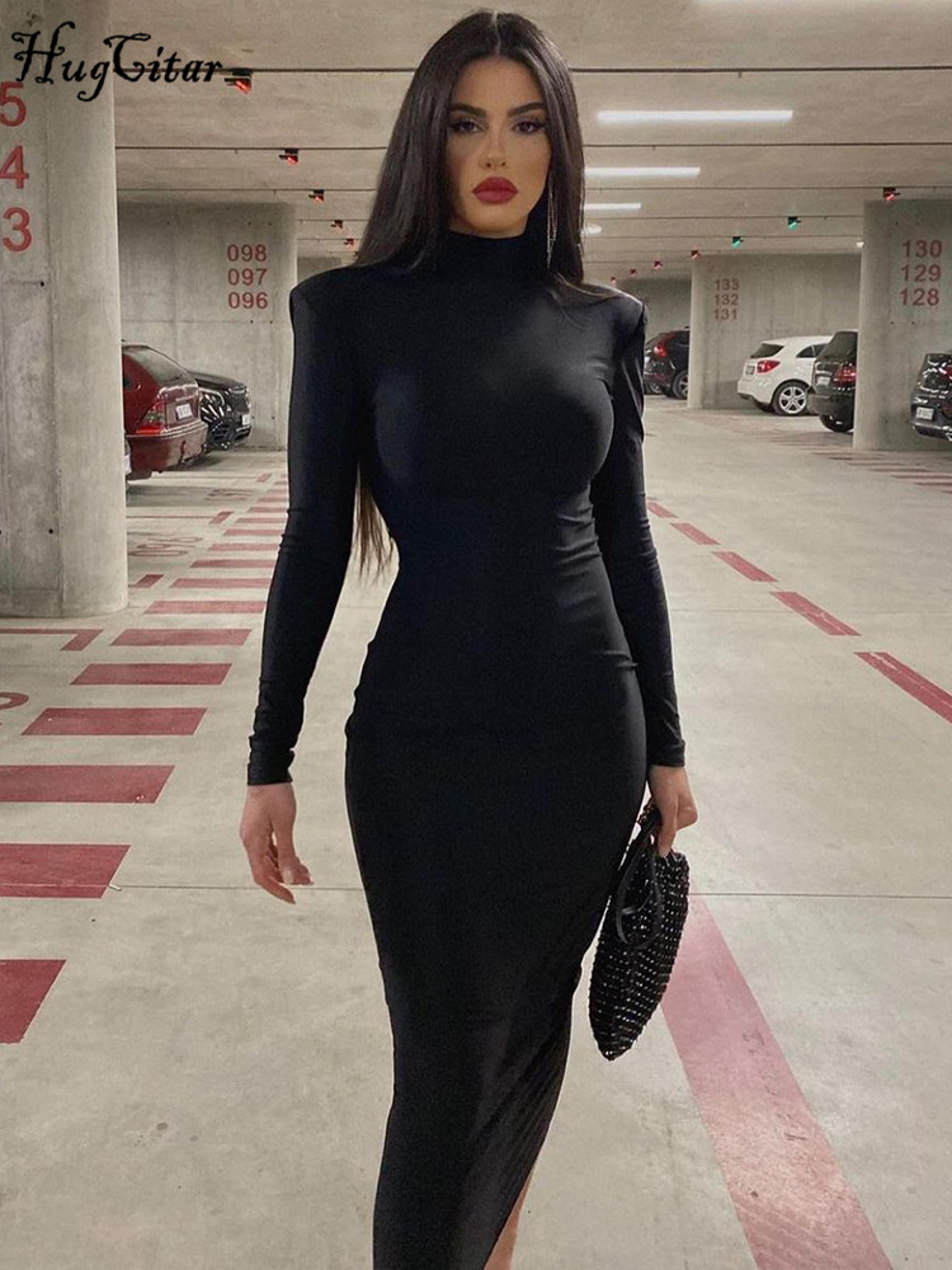 fashion turtleneck long sleeves black sexy bodycon maxi prom dress, fall casual clothes, streetwear party festival