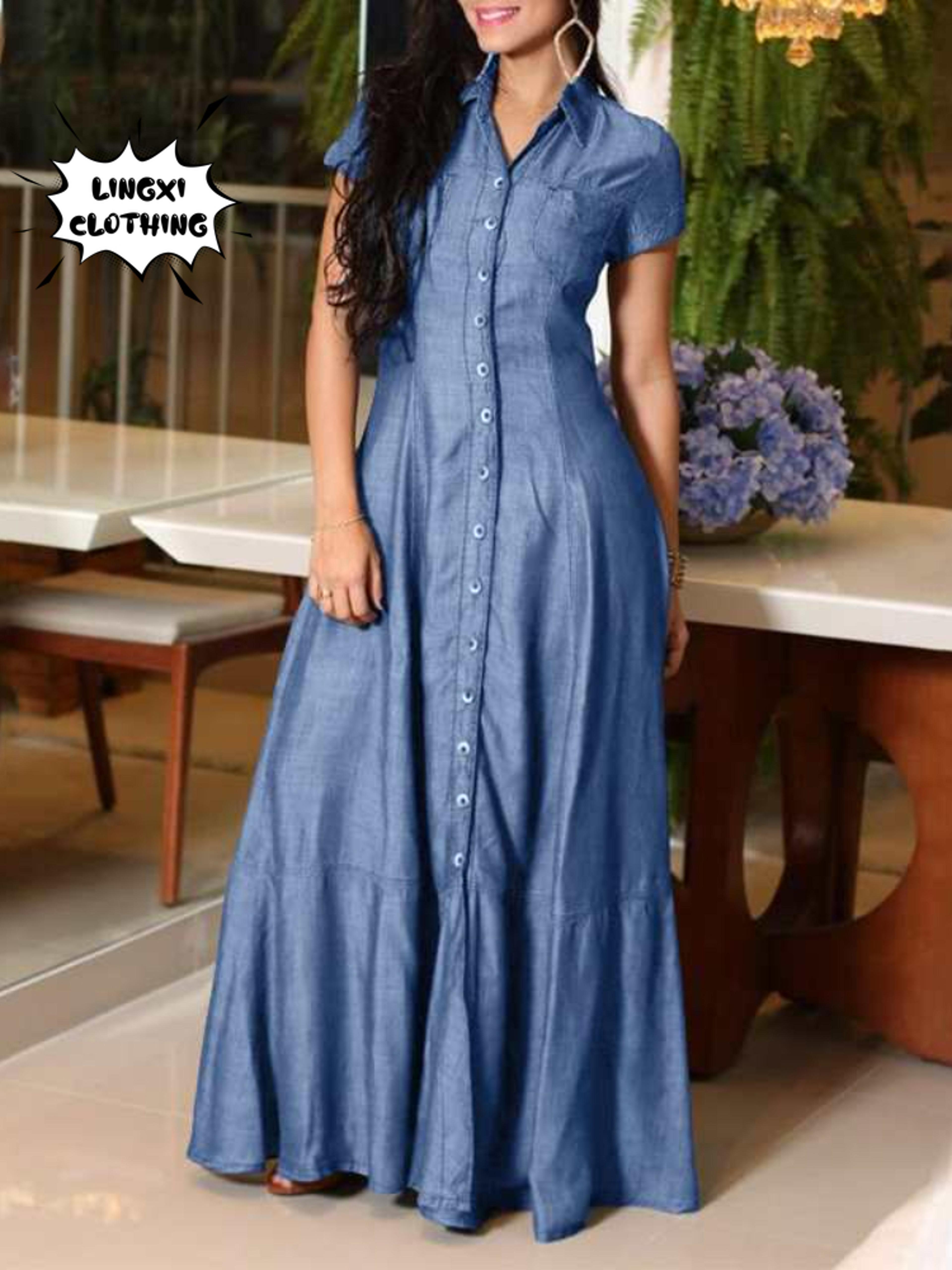 casual elegant denim dress with long sleeve shirt neck pocket large swing and single breasted design