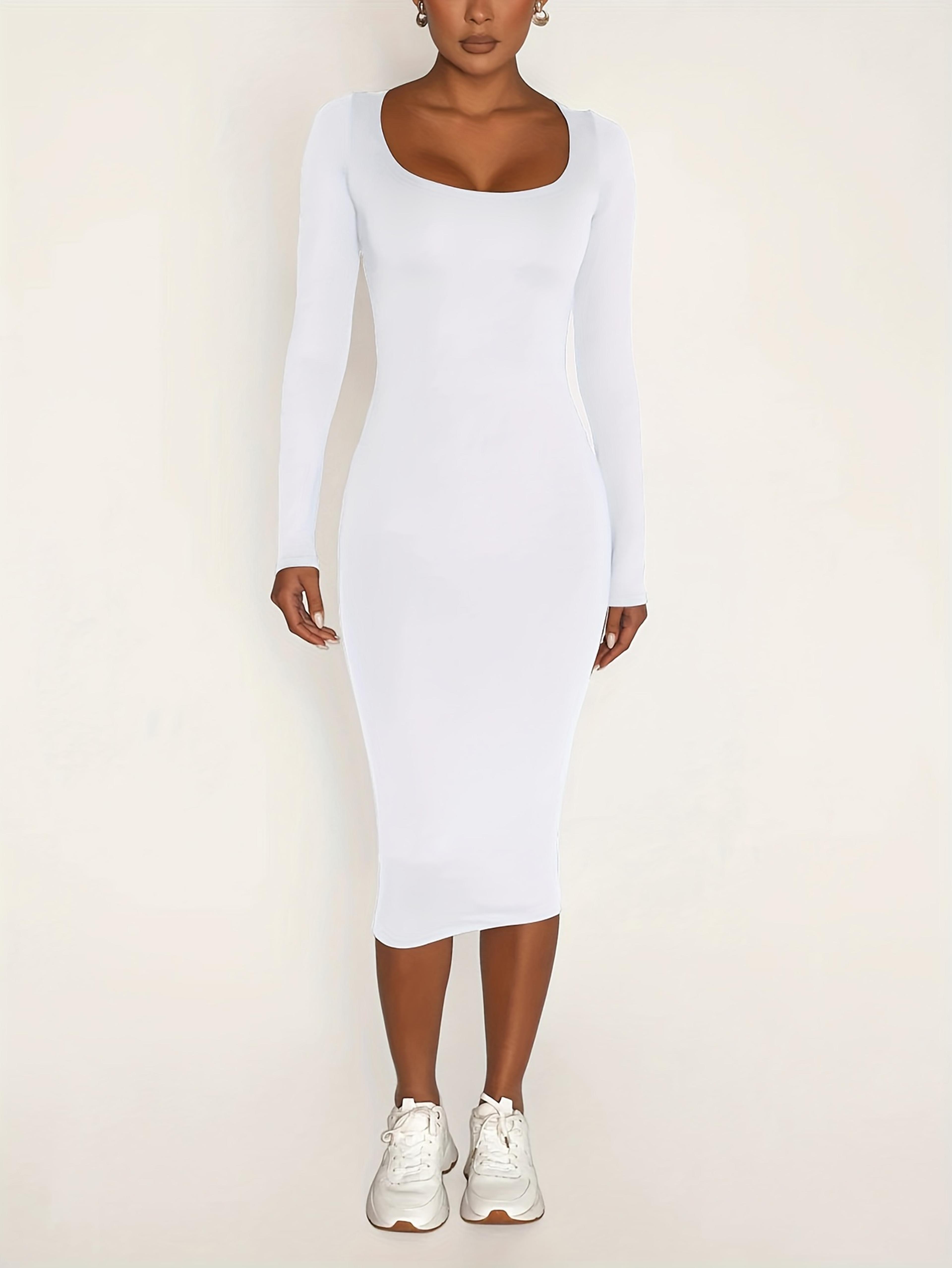 stretch winter dresses women's long sleeve u-neck bodycon midi jumper dress