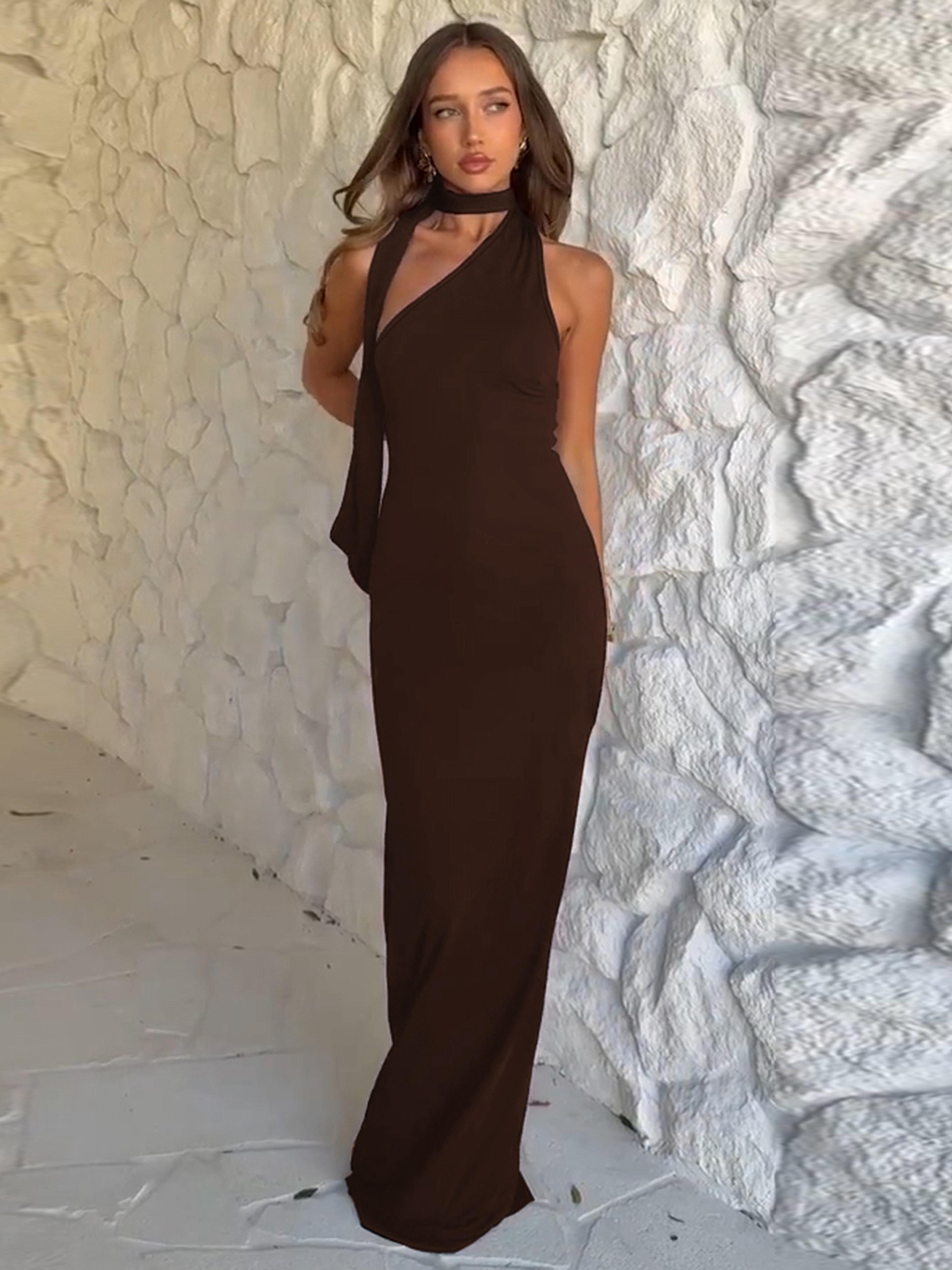 skew collar backless slim ribbon halter long dress for women, dulzura summer fashion party club outfit