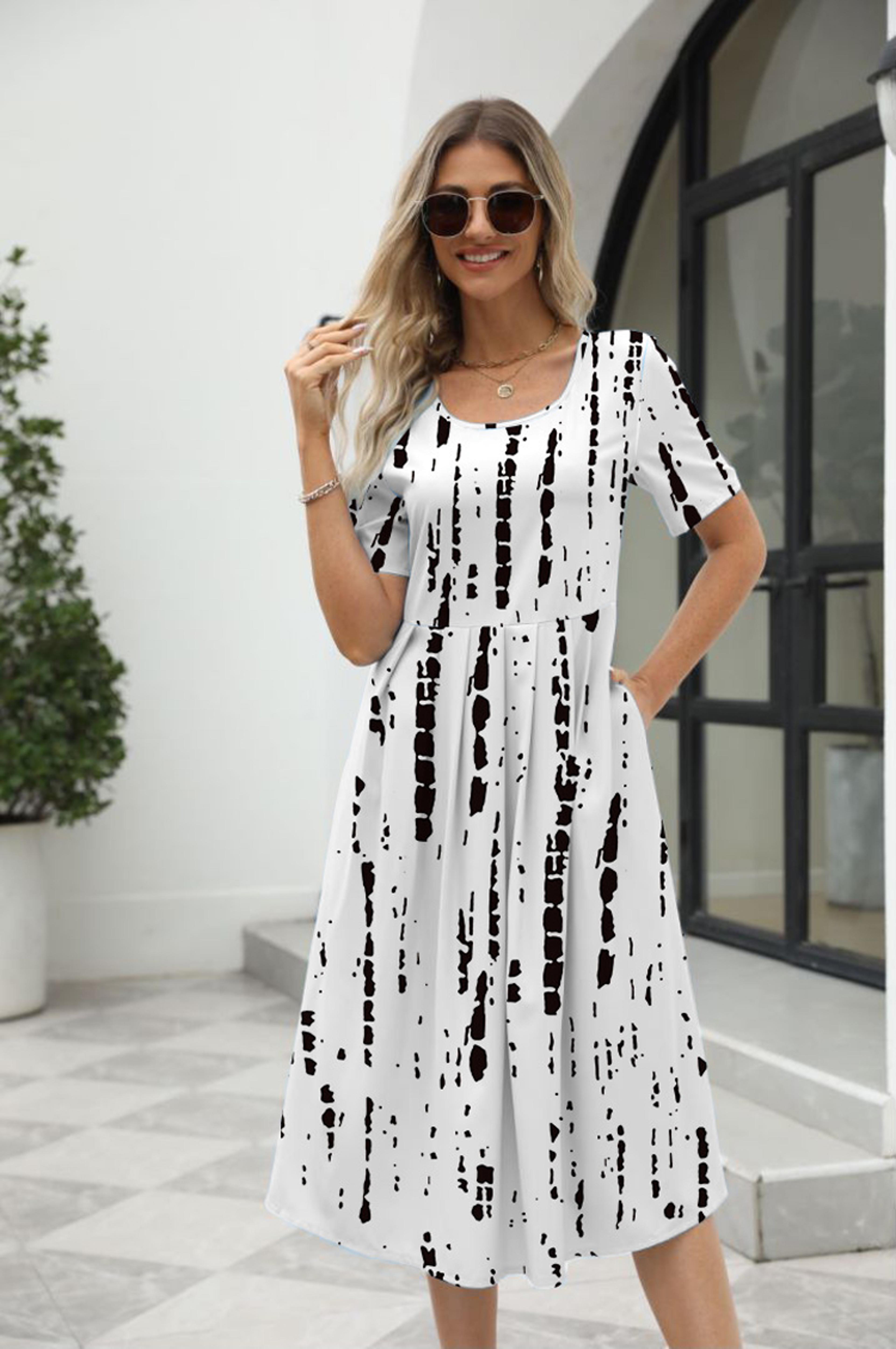 elegant printed summer dress for women with zipper round neck short sleeve