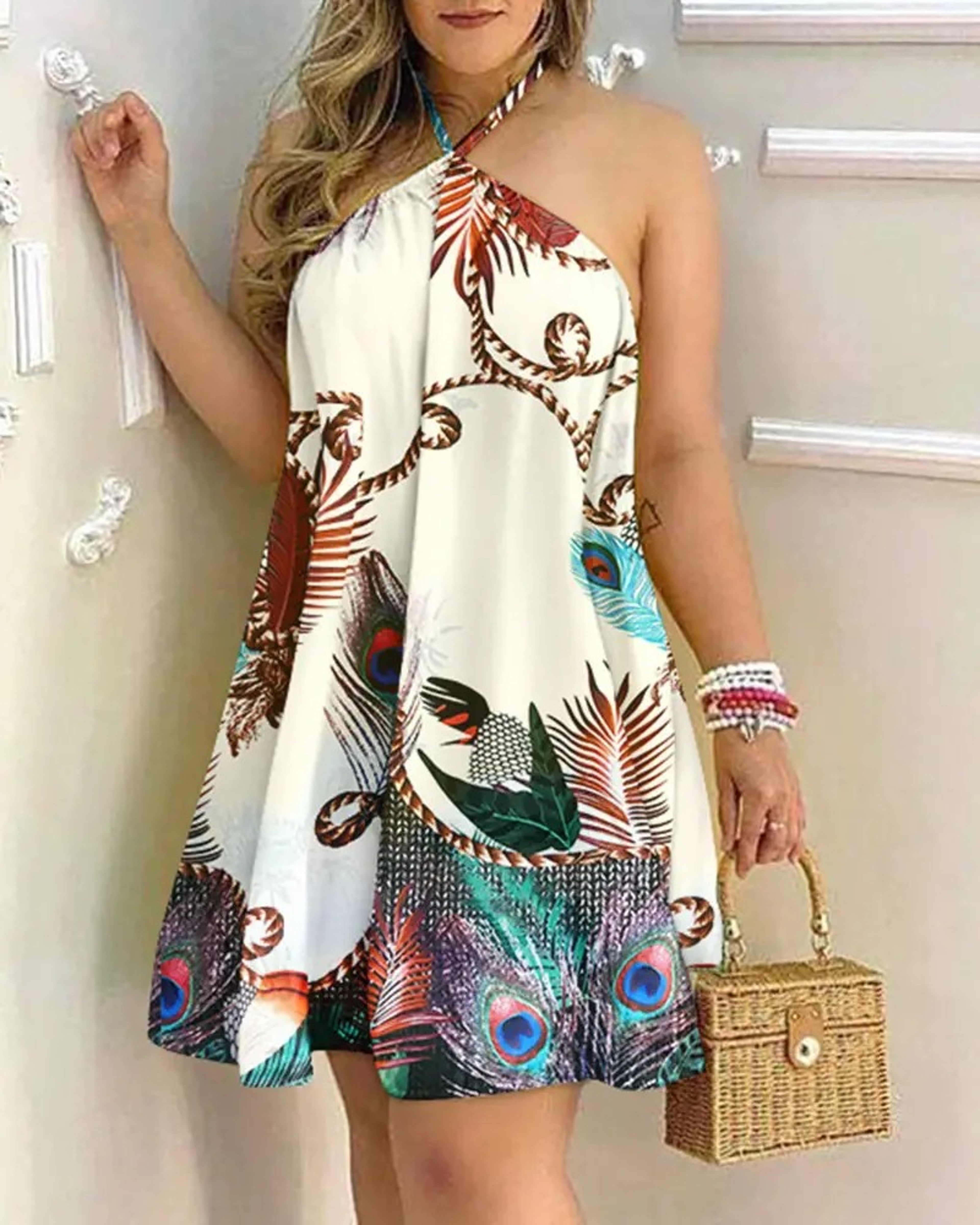 boho printed halter dress Green Abstract Halter Maxi Dress | Boho Resort Wear