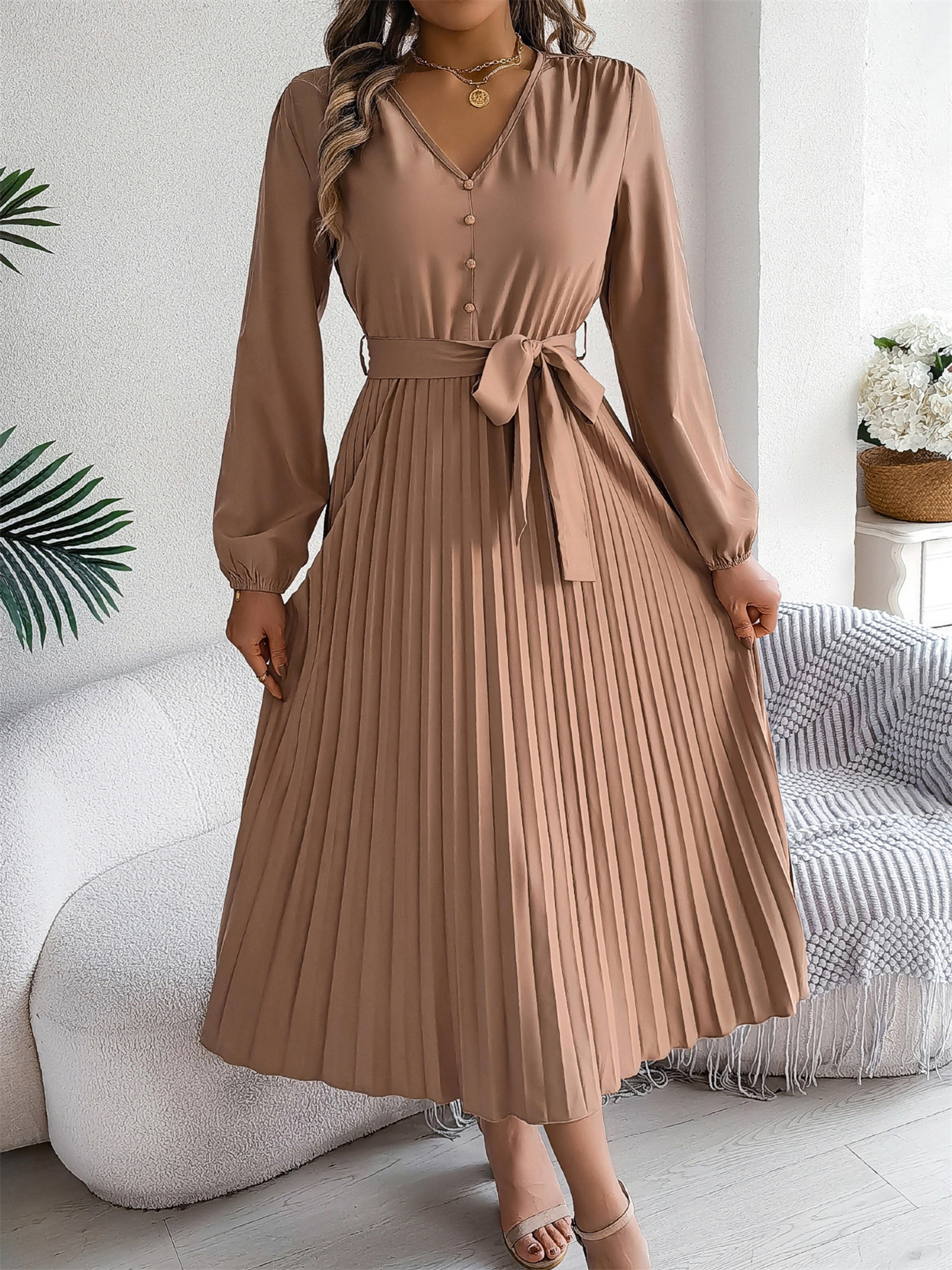 elegant women's autumn winter v-neck buttoned lace-up pleated long skirt dress