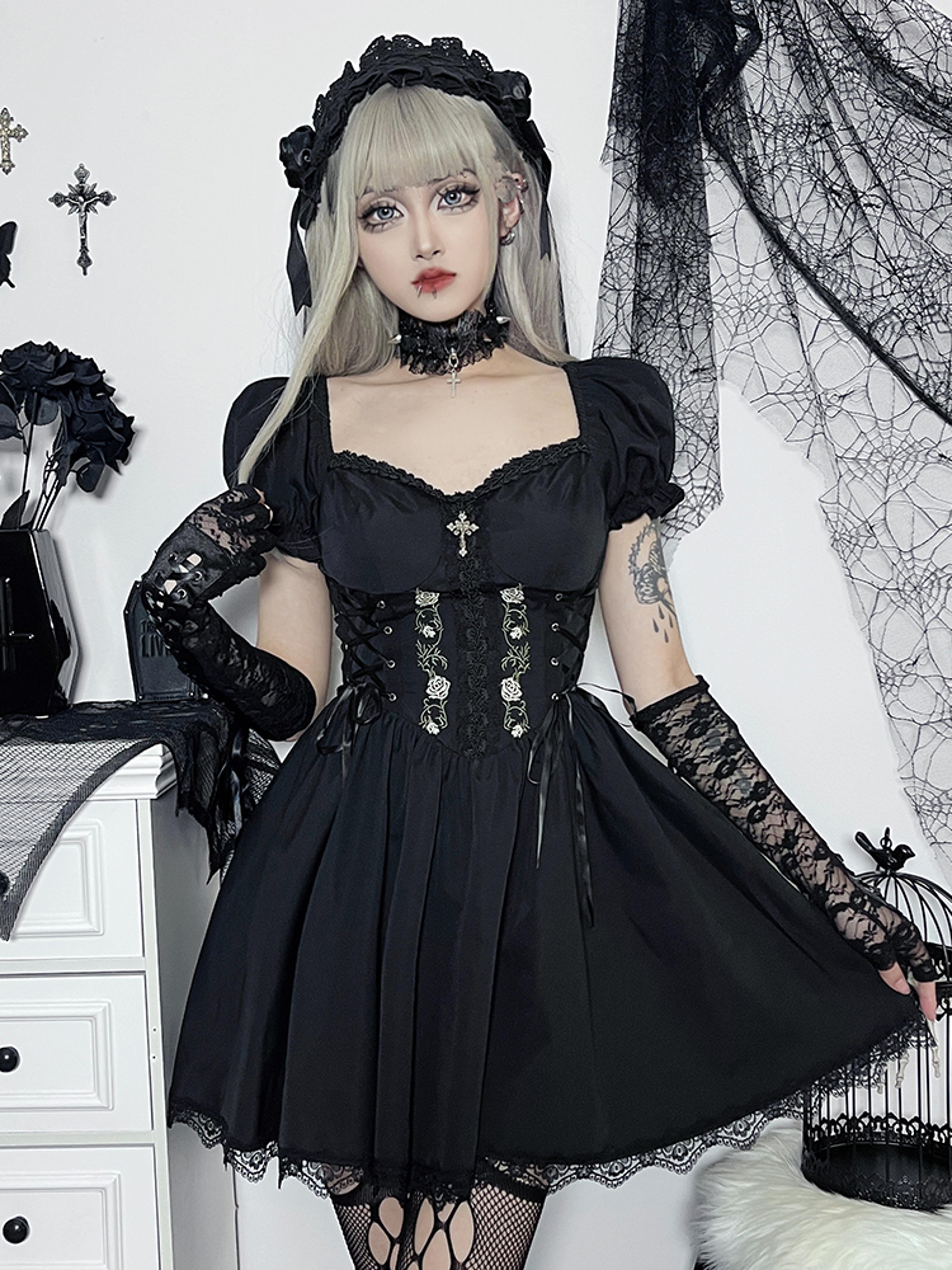 dark lace up vintage gothic corset dress women lolita princess dress streetwear partywear