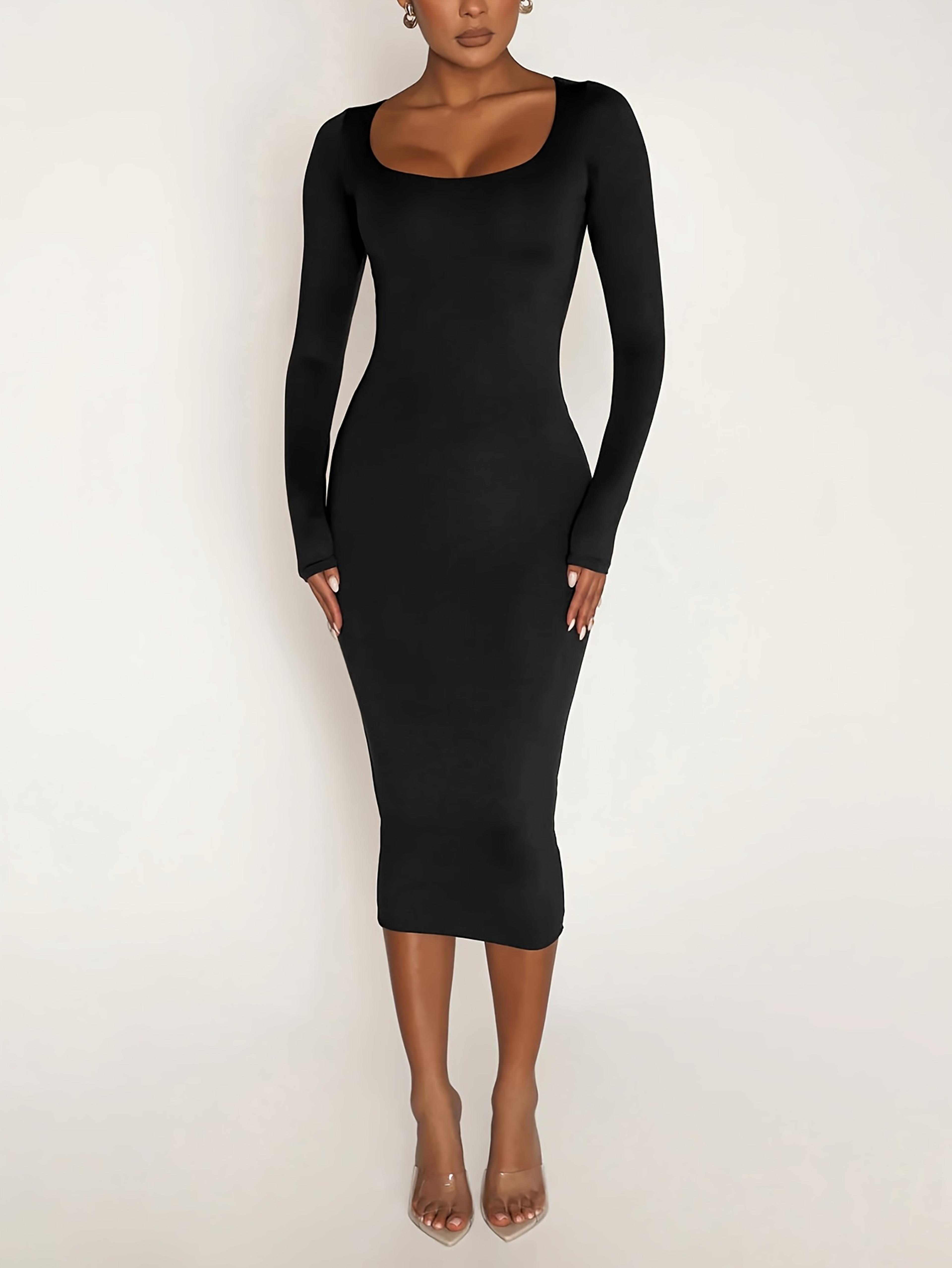 stretch winter dress womens long sleeve u-neck bodycon midi jumper