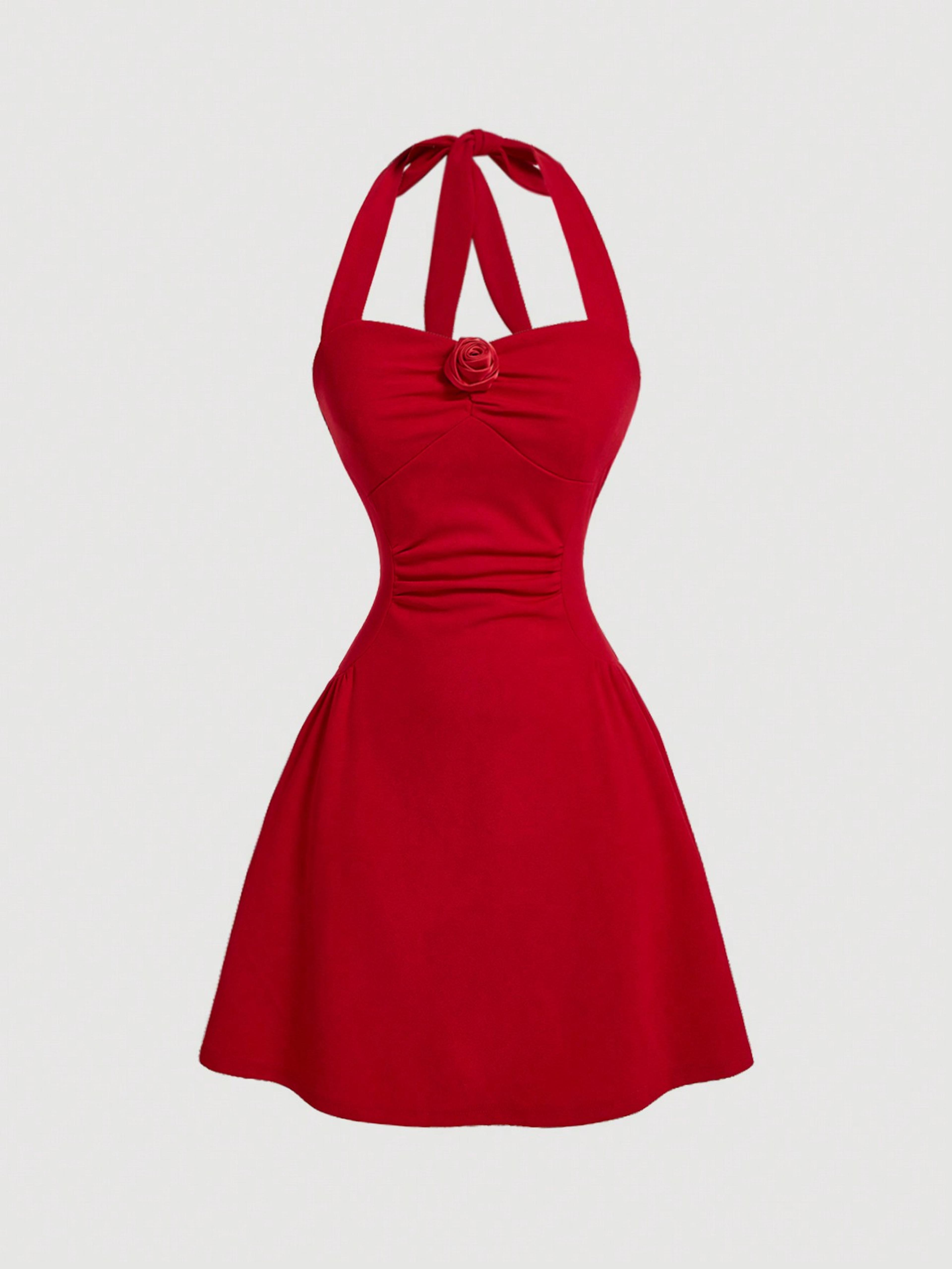 new red bow halter dress female autumn spice girl pleated fashion waist show thin short skirt trend