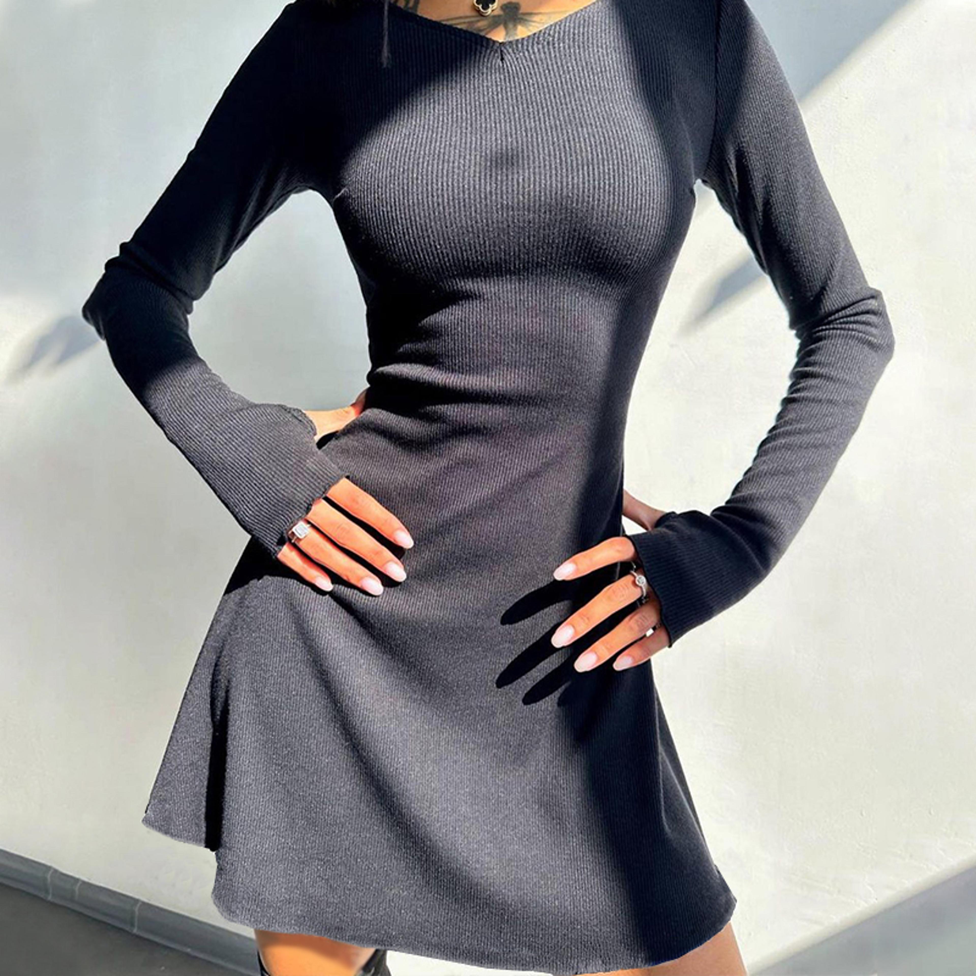 black sexy v neck mini dress, autumn winter elegant women dresses, long sleeve slim solid color dress