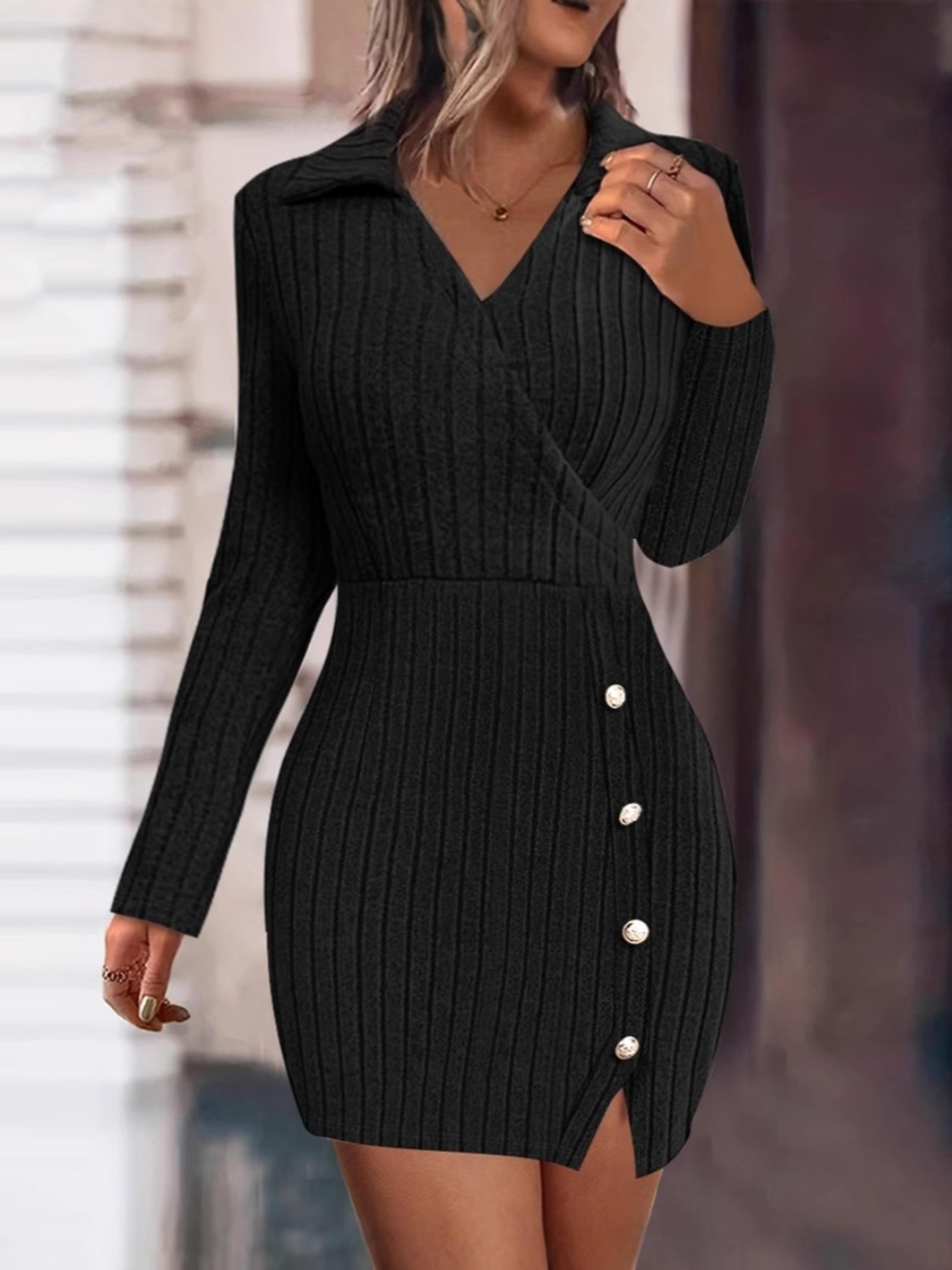 solid color v-neck fitted bodycon long sleeve dress for women, new autumn and winter style from europe and america
