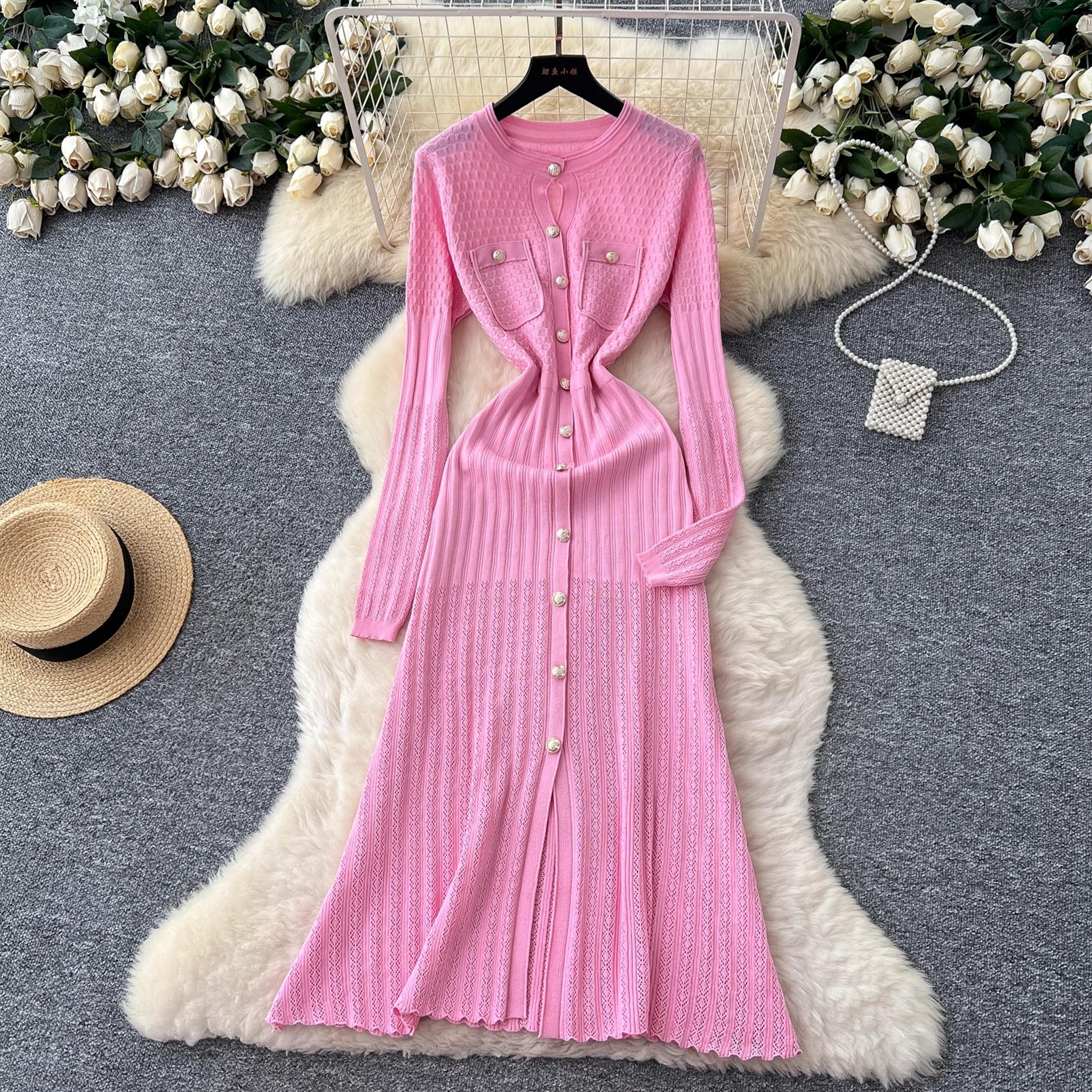 luxury office lady fashion aesthetic patchwork knitted maxi dress autumn winter sweater shirt dress