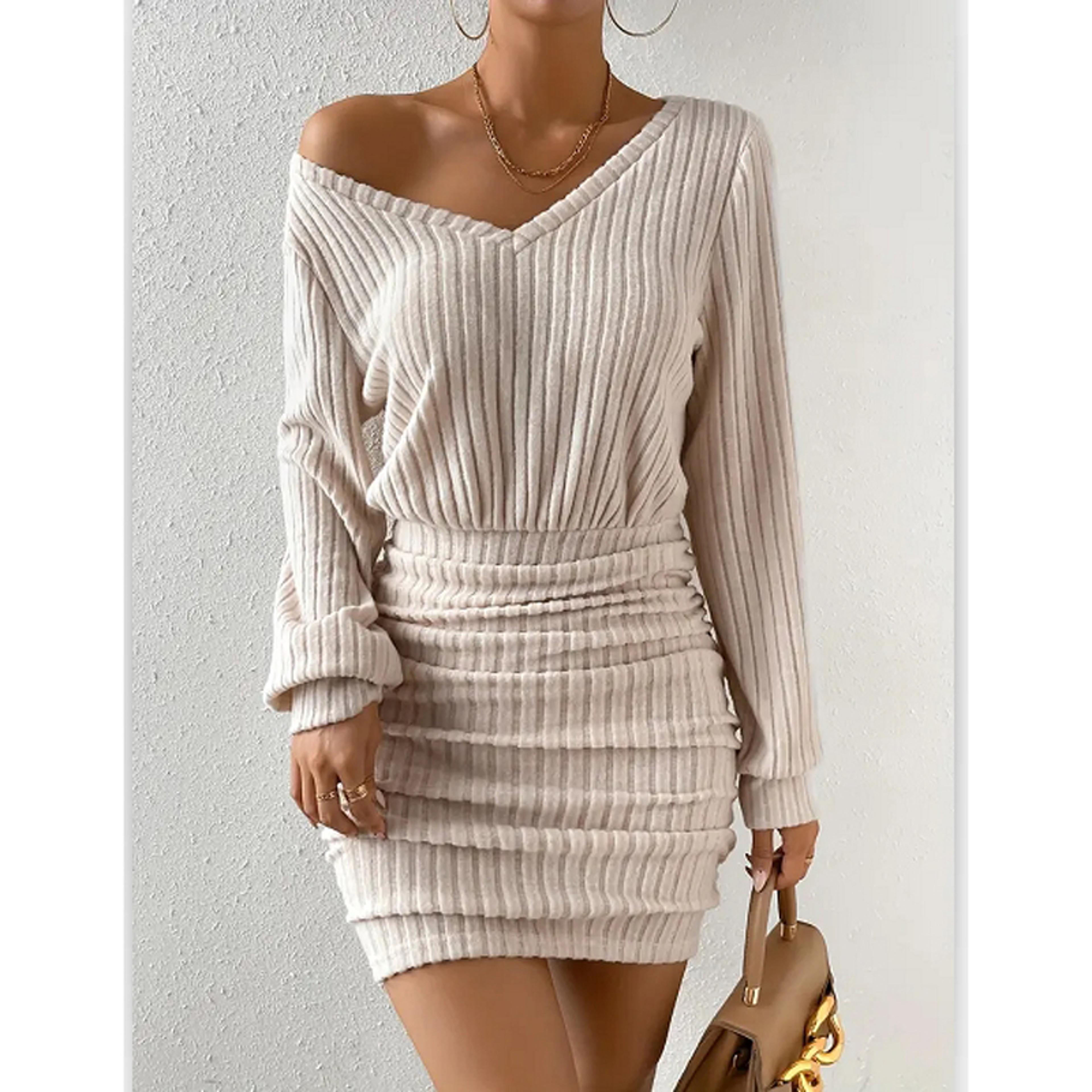 women's casual solid wrap v-neck long sleeve knitted sweater, autumn winter bodycon mini dress, warm short robe
