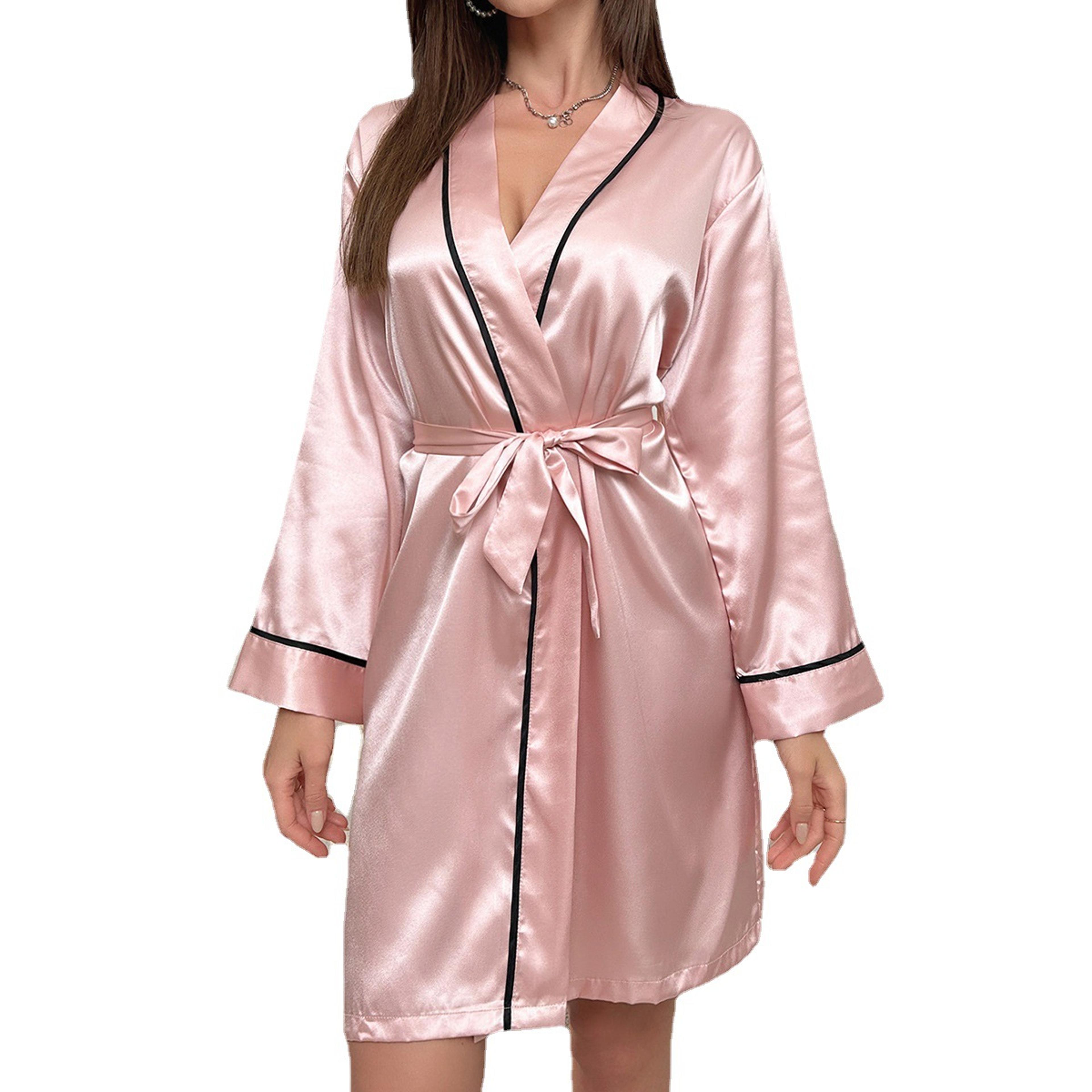 womens sexy satin robe long sleeve kimono belted v neck sleepwear bridal loungewear short dressing gown