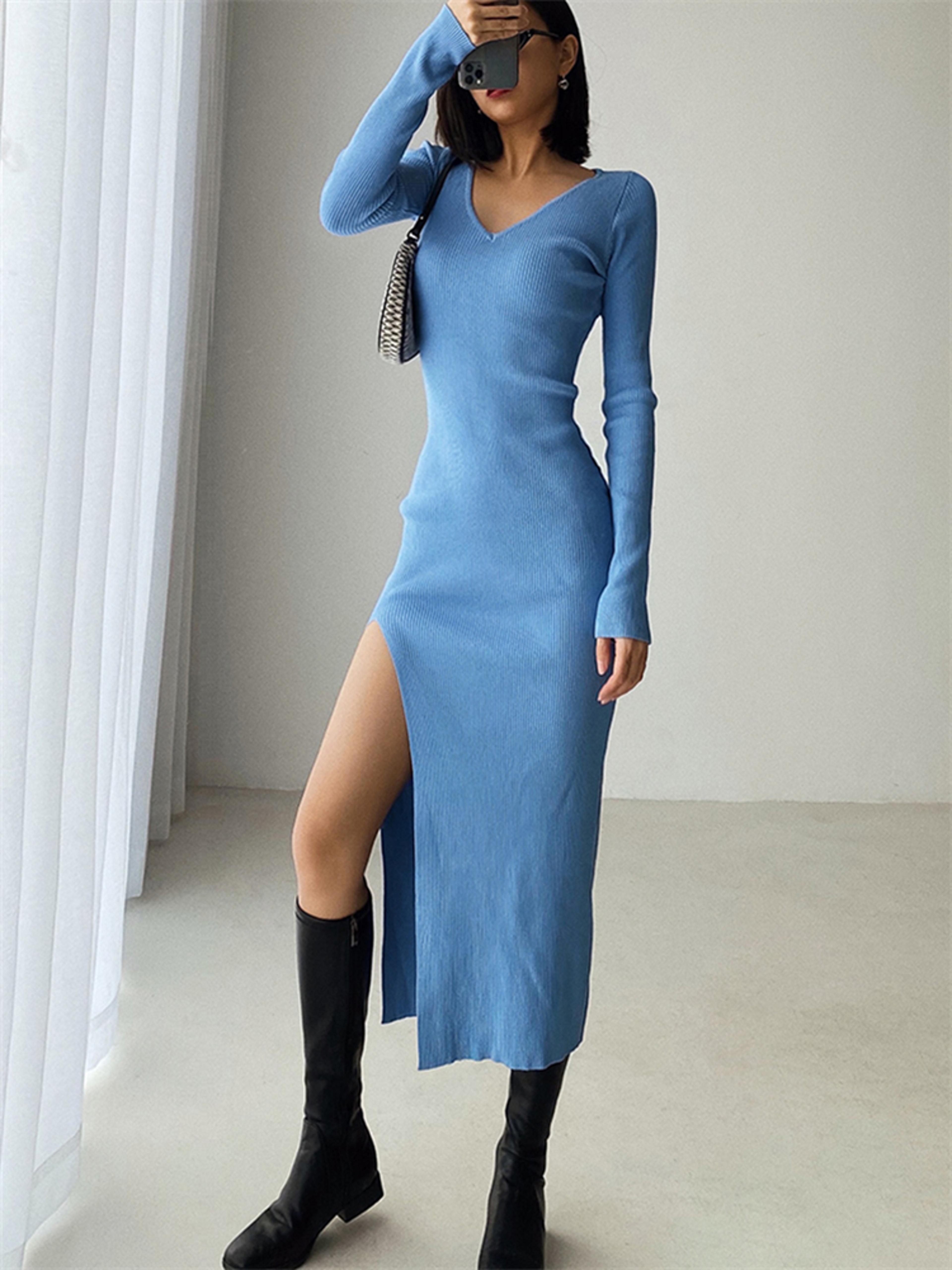 v-neck slim tight-fitting wrap dresses, autumn winter french slit women's sweater dress