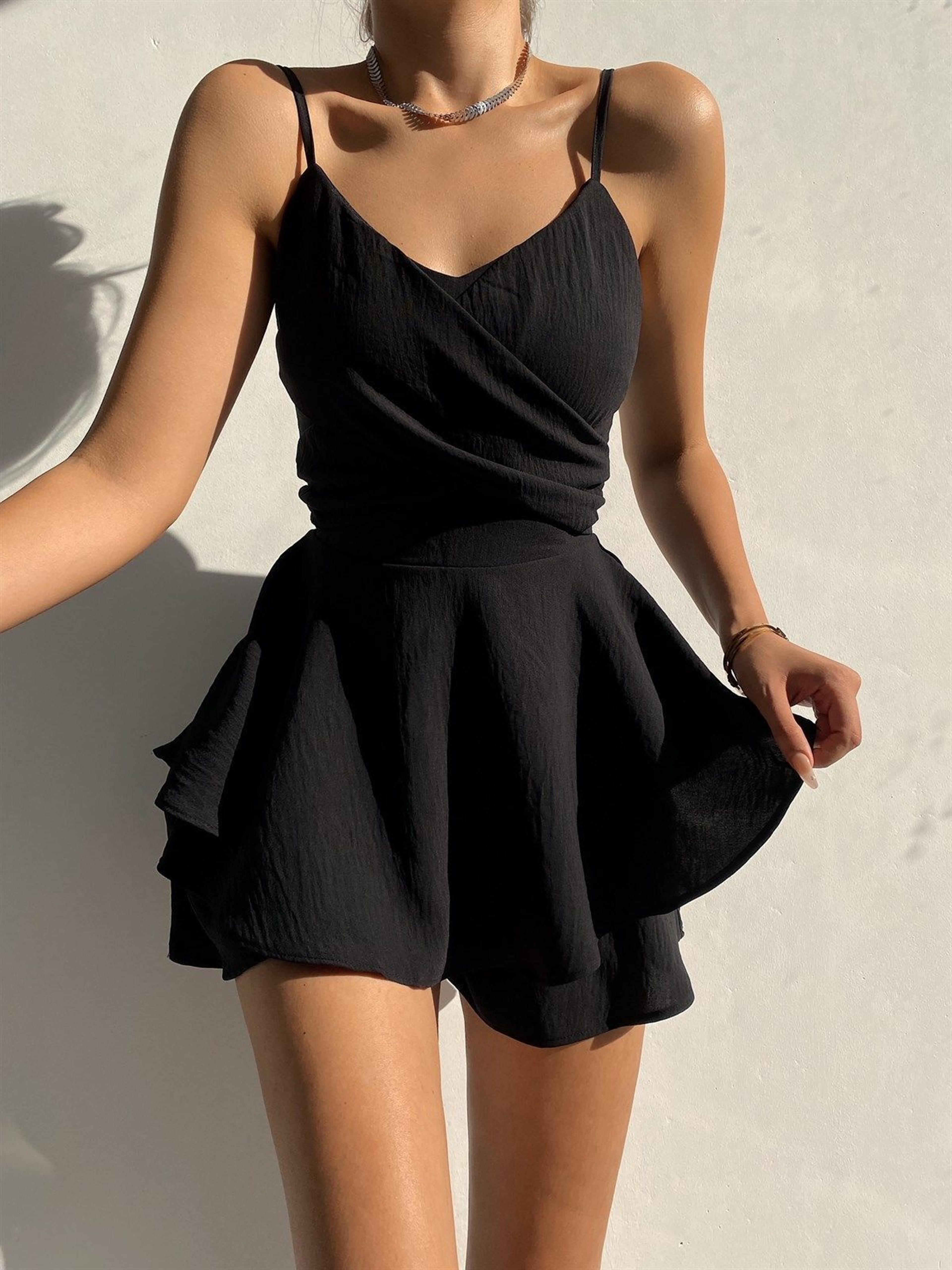slim suspender strap sexy dress, solid ruffles romper, summer casual threaded slip playsuits for women, elegant cloths