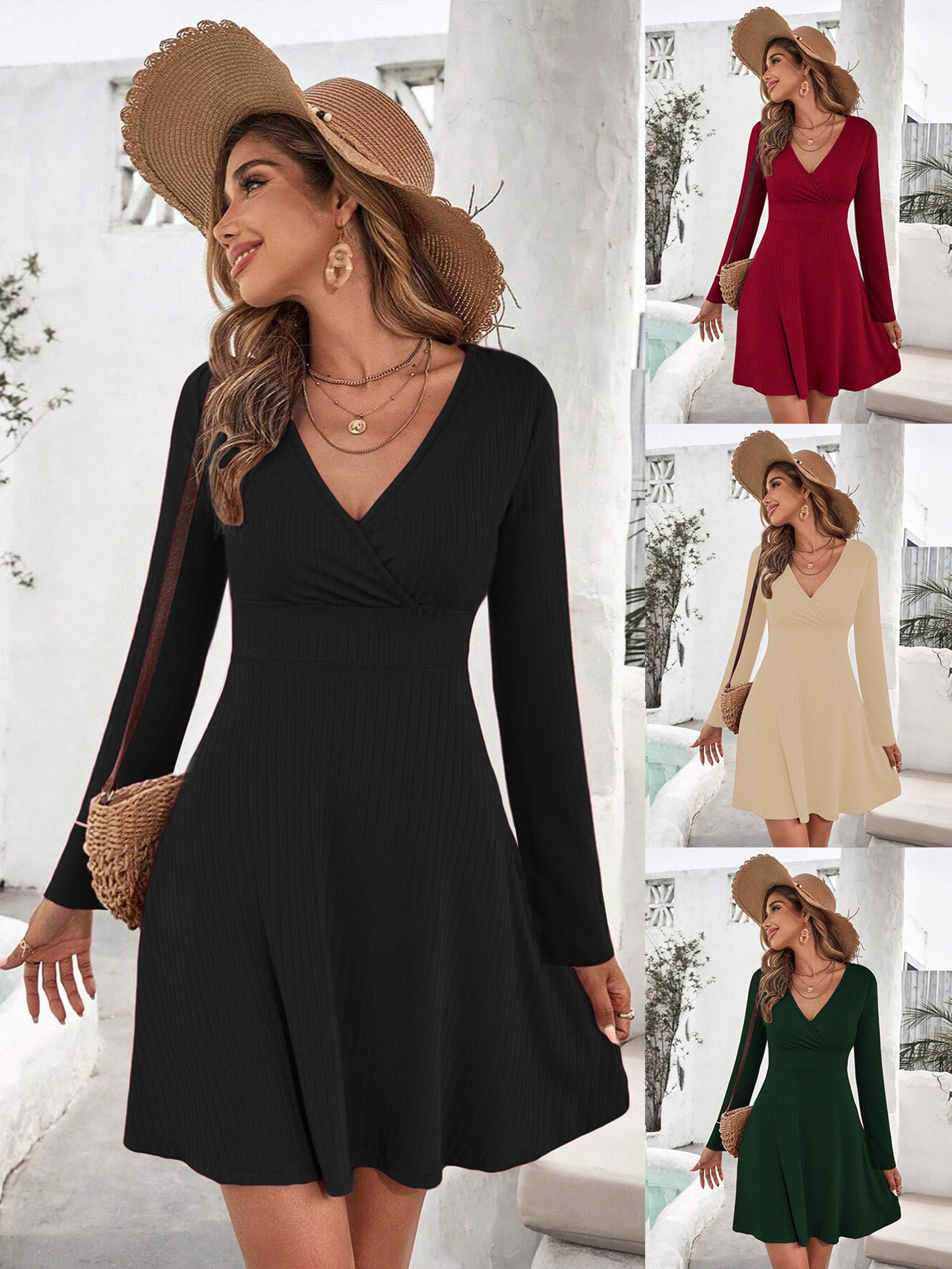 solid color long sleeve mini dress, wrap dress - a-line short sleeveless bodycon dress
